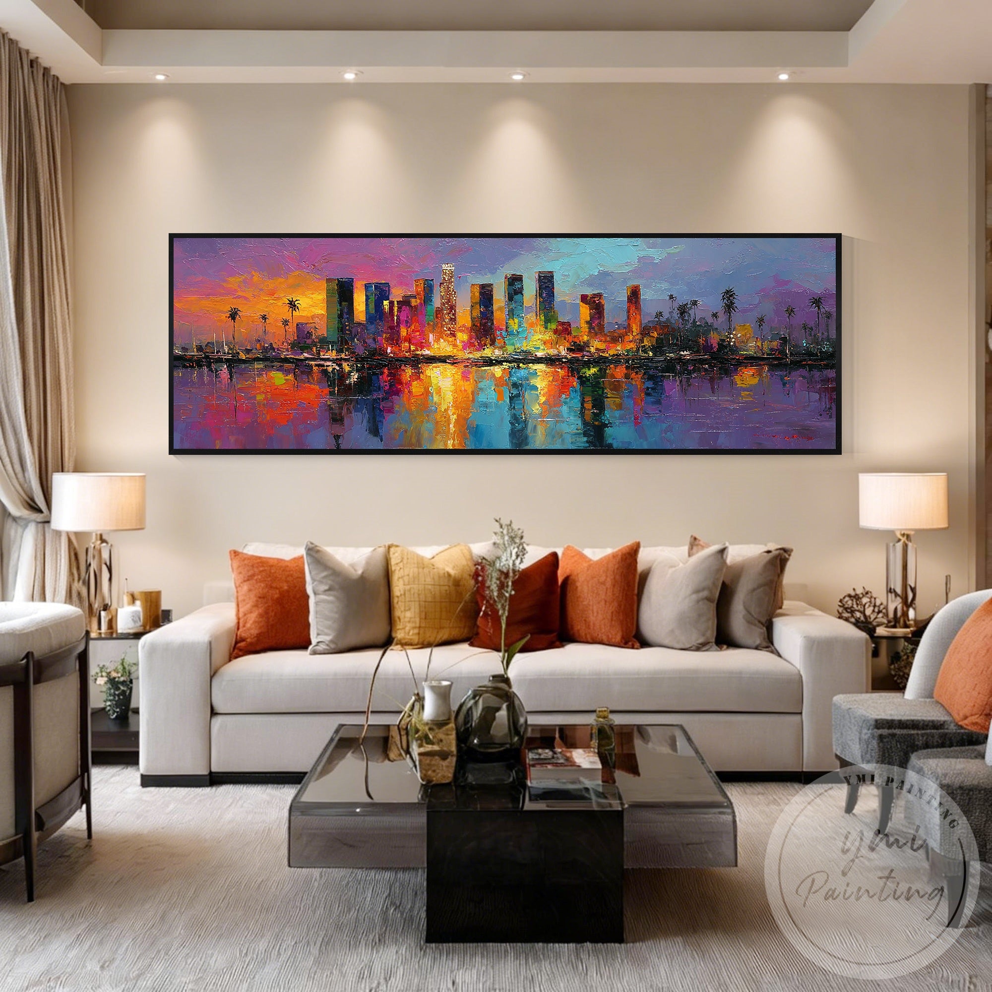 Colorful LA city sunset painting urban landscape canvas artwork
