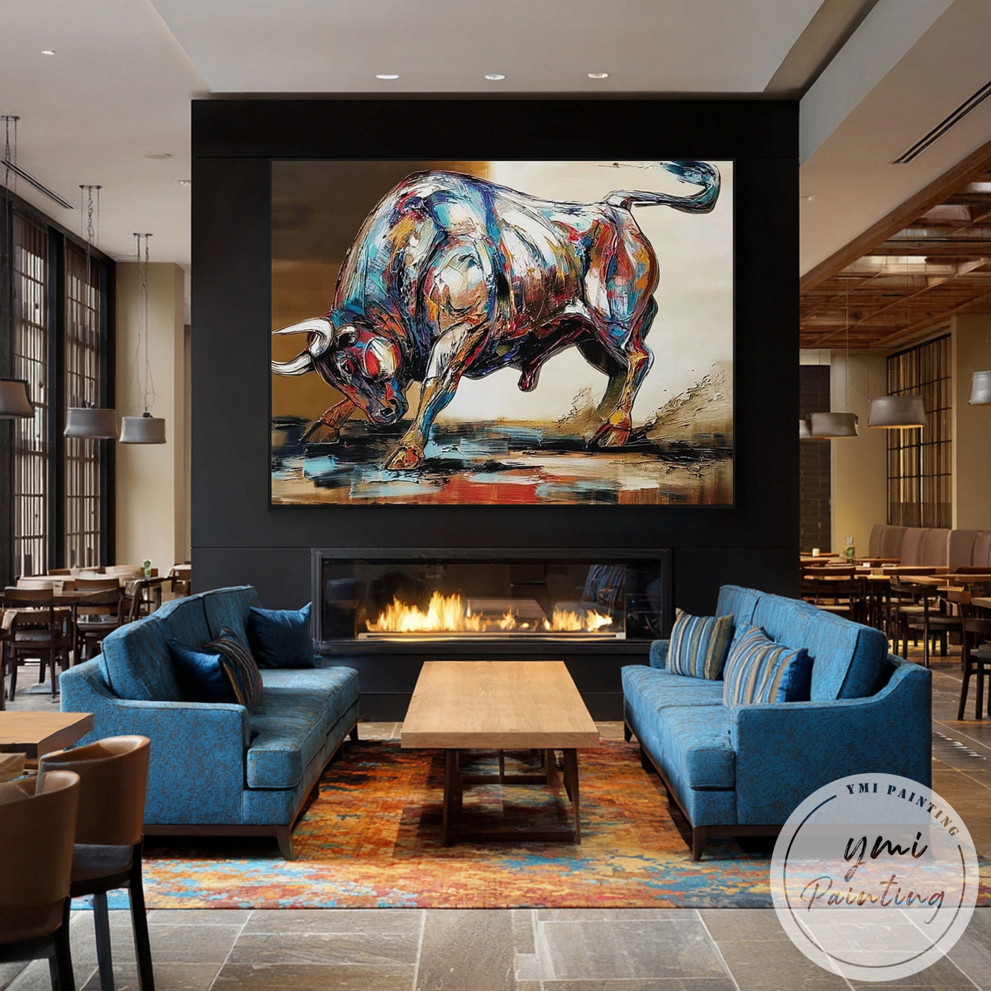 Bold modern bull painting with vibrant impasto brush strokes