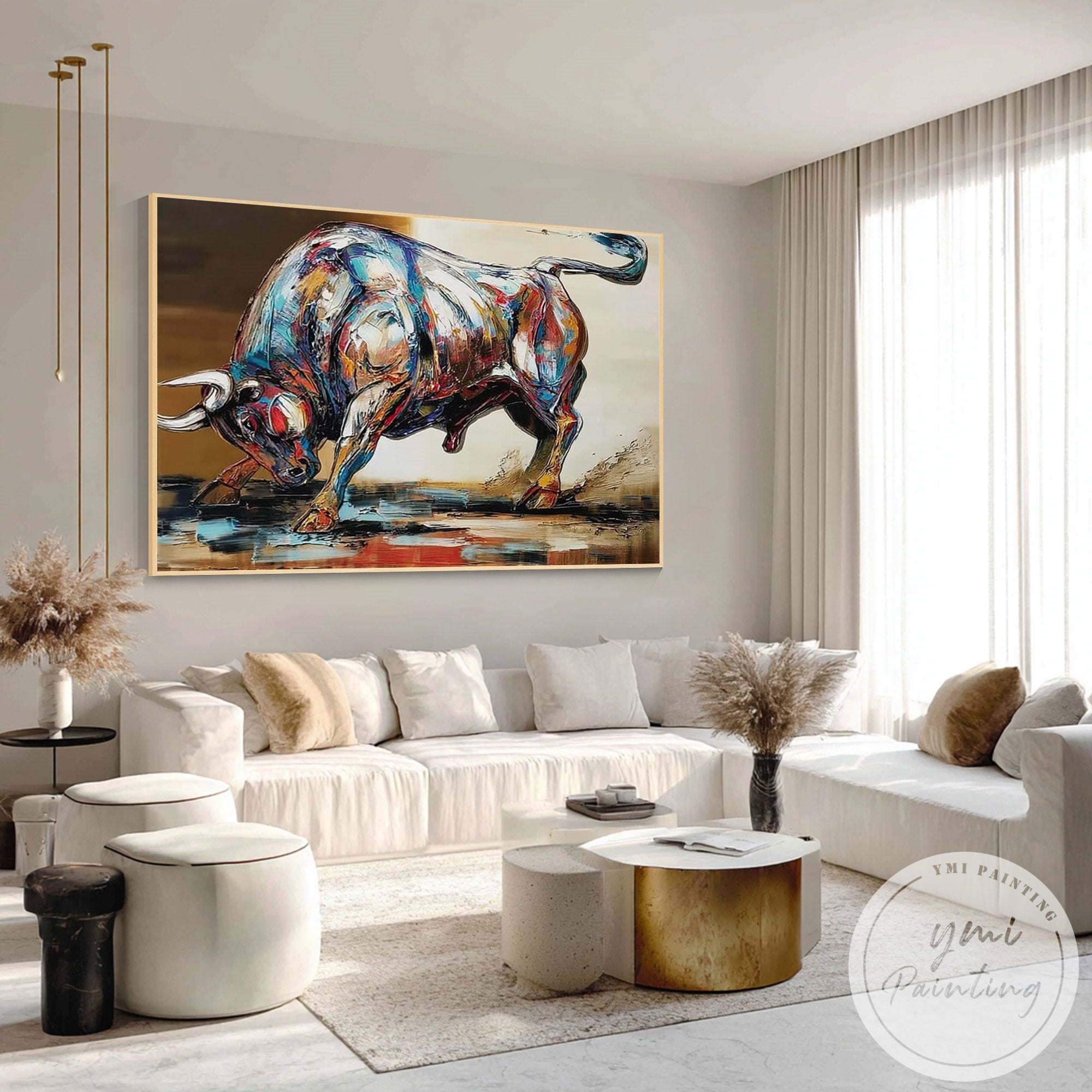 Colorful bull artwork for office wall decor modern style
