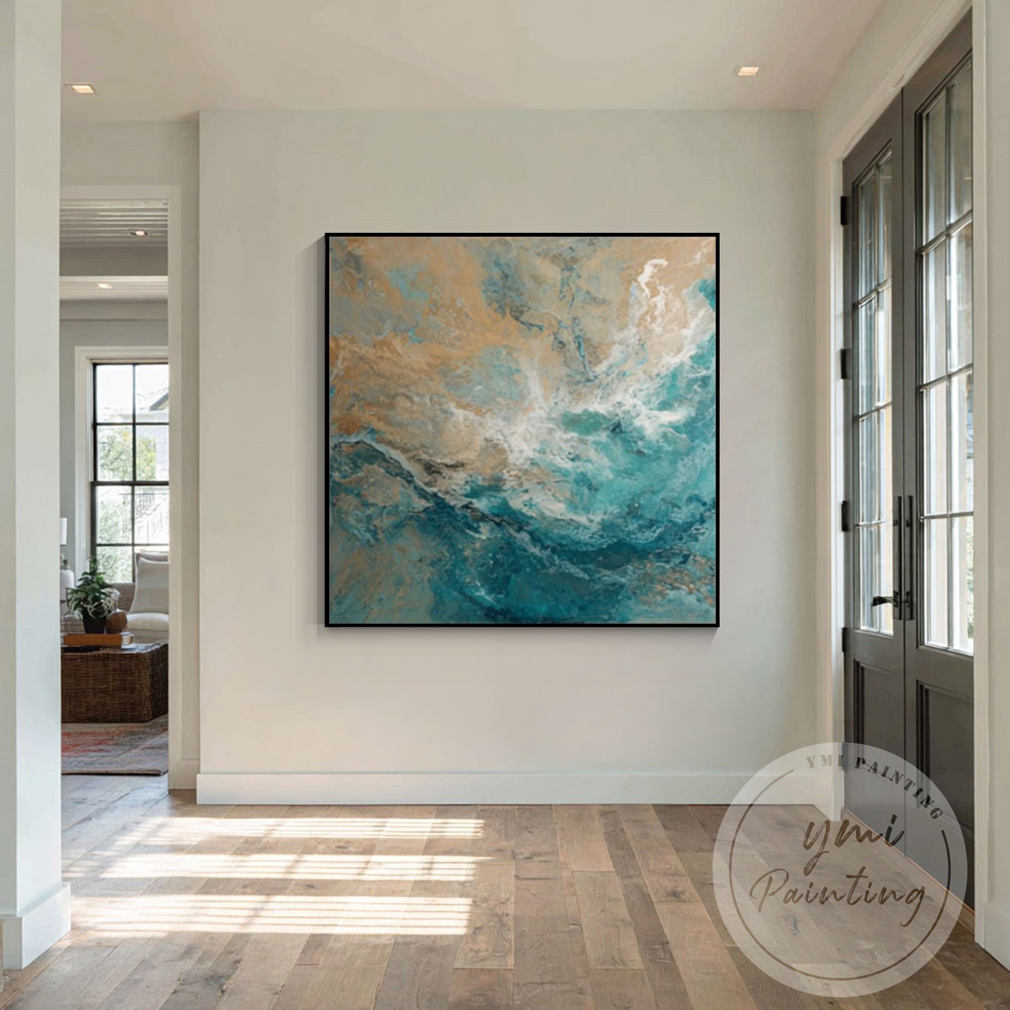 Beige and blue coastal abstract painting close-up texture