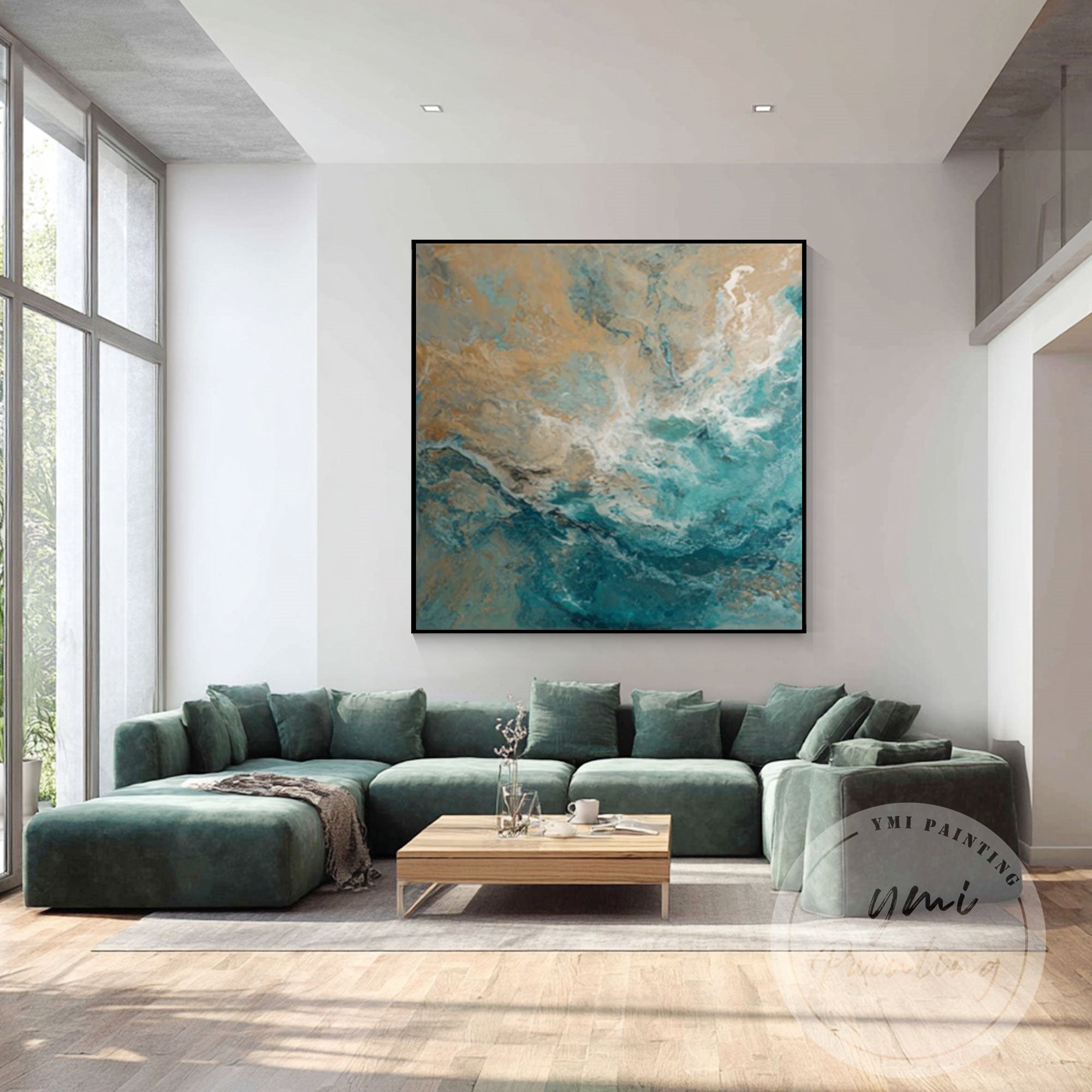 Modern coastal painting canvas with fluid sea wave design
