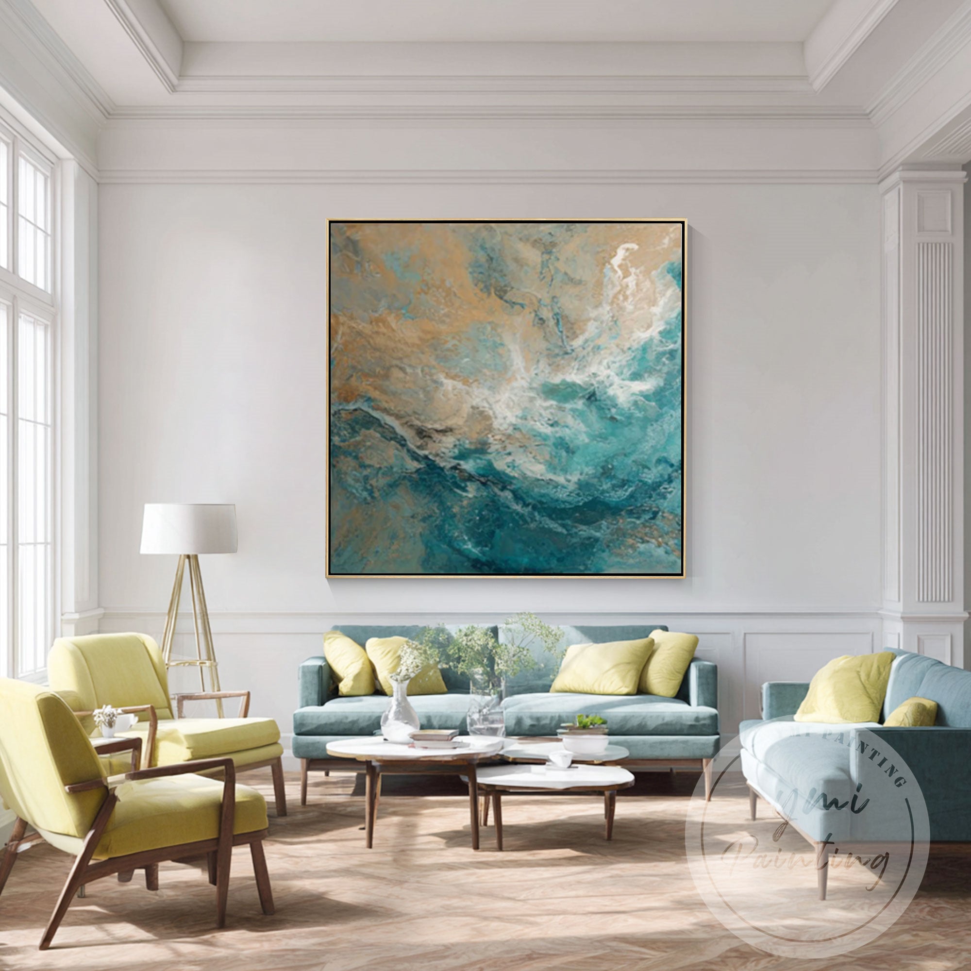 Teal blue abstract sea waves on modern canvas artwork