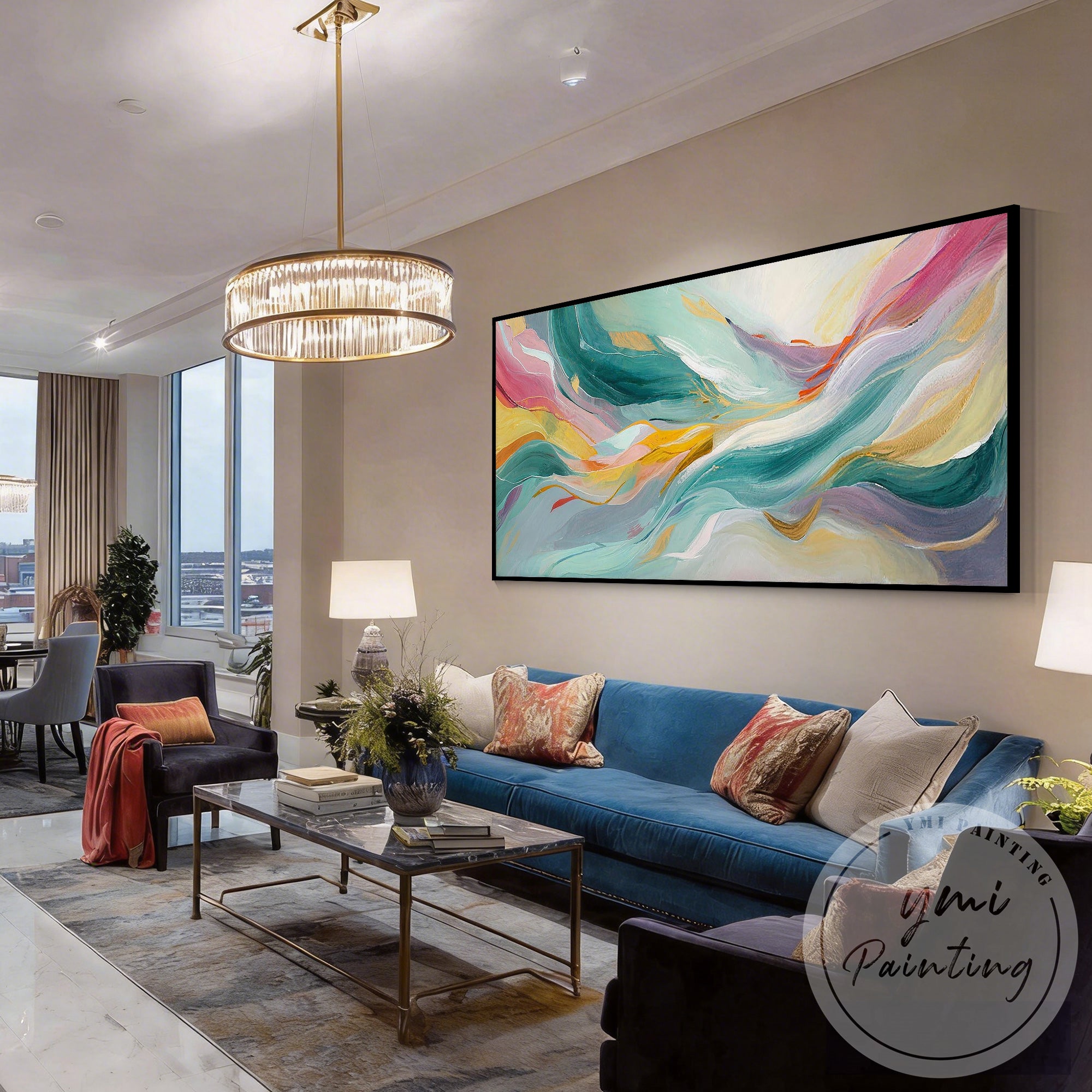 Teal and pink contemporary abstract canvas painting