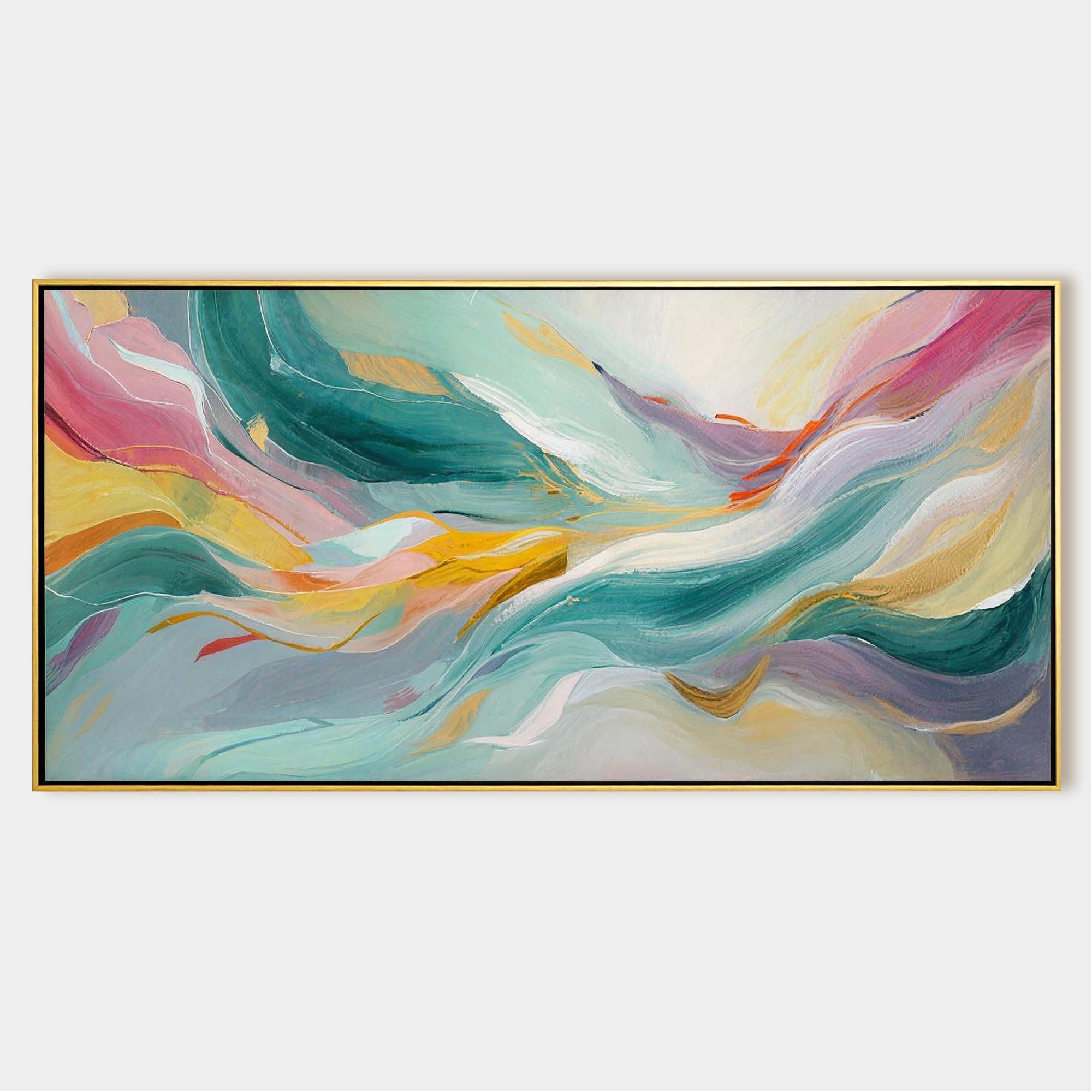 Large abstract wave painting in teal and pink tones