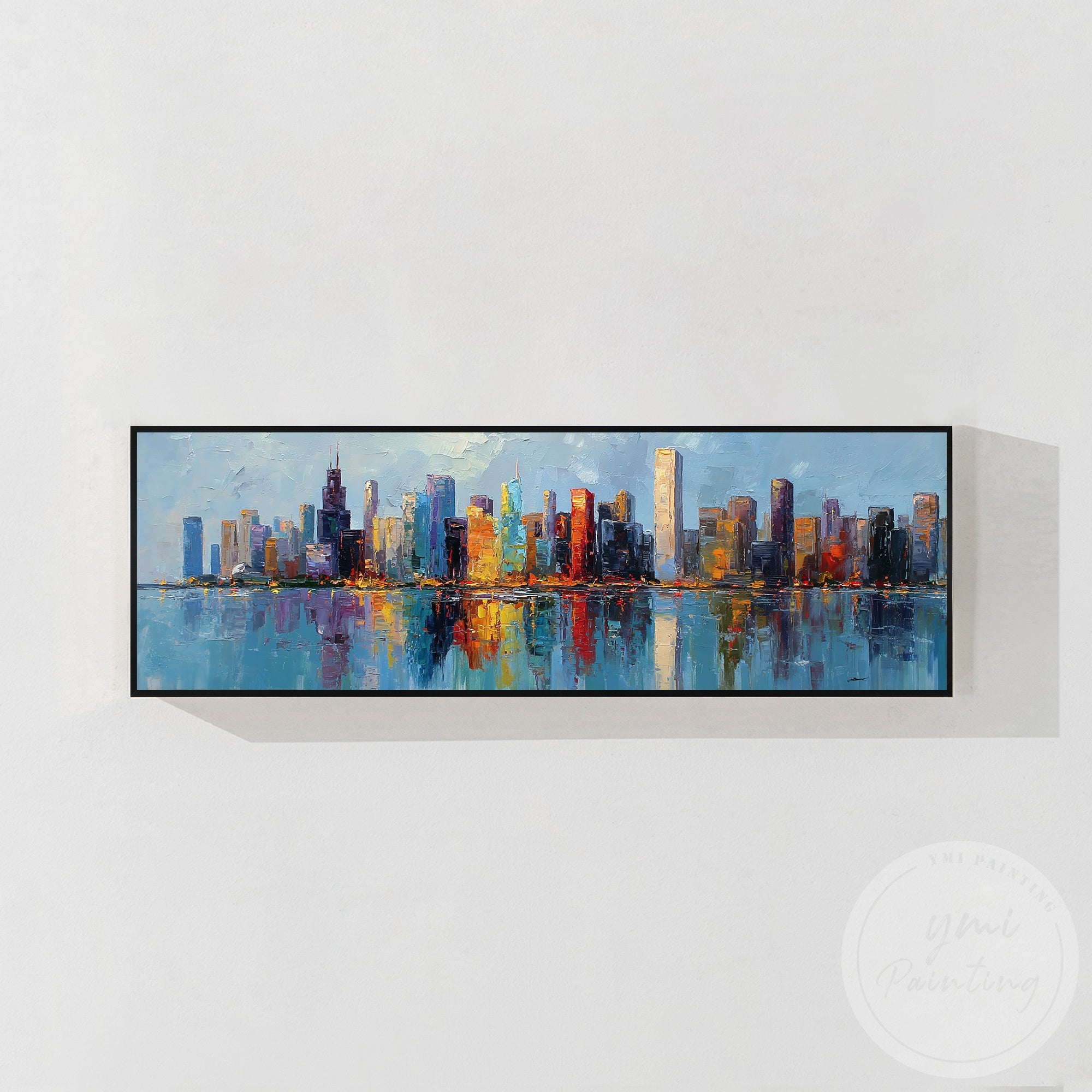 Oversized Chicago skyline painting for office interior decor