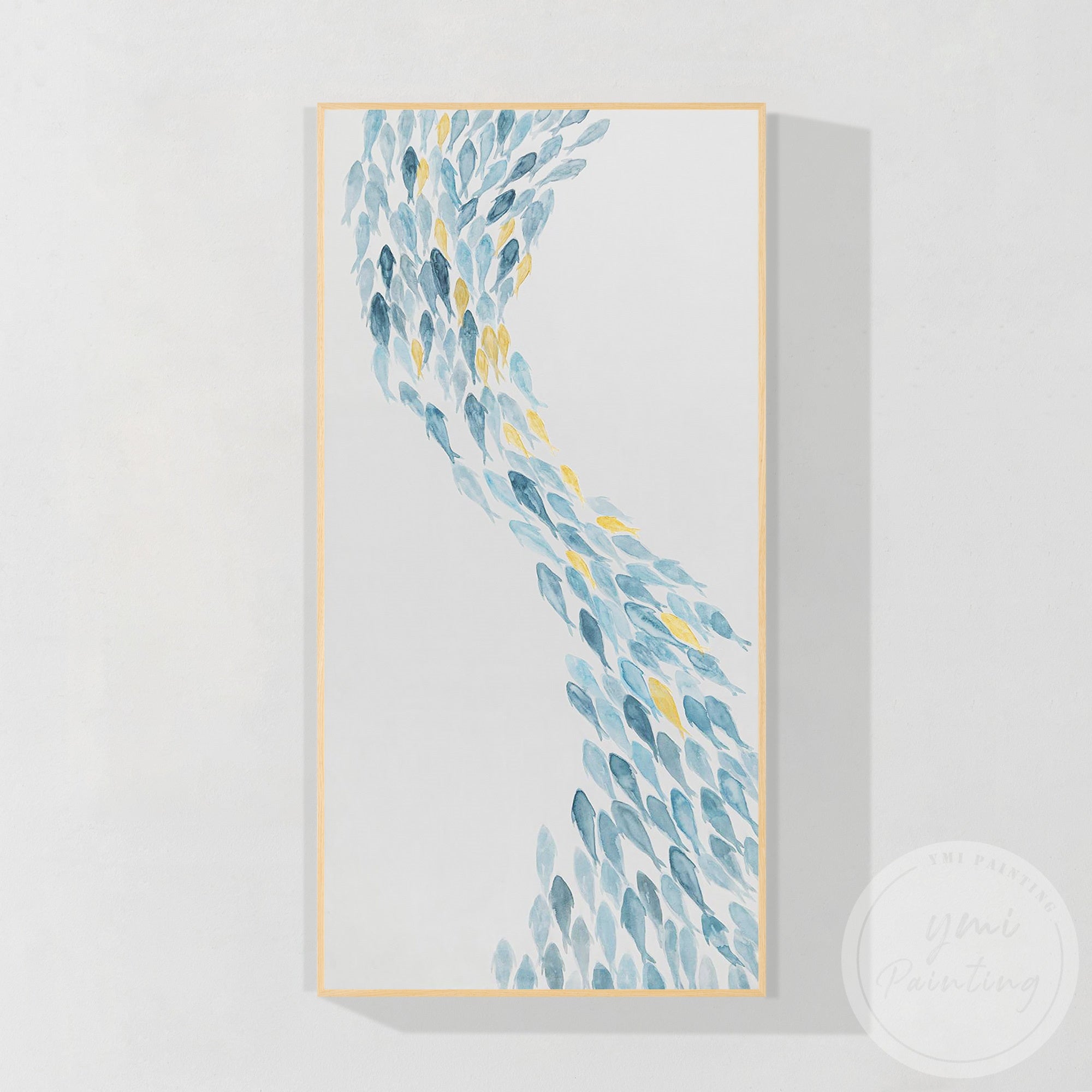 Large abstract ocean wall art with school of fish design