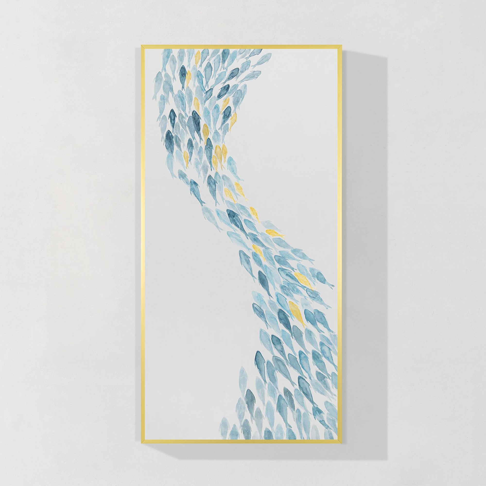 Large coastal abstract school of fish light blue canvas art