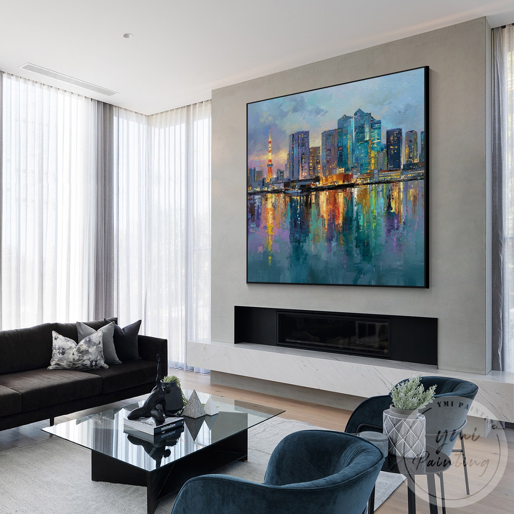 Modern cityscape canvas painting Tokyo skyline oversized artwork