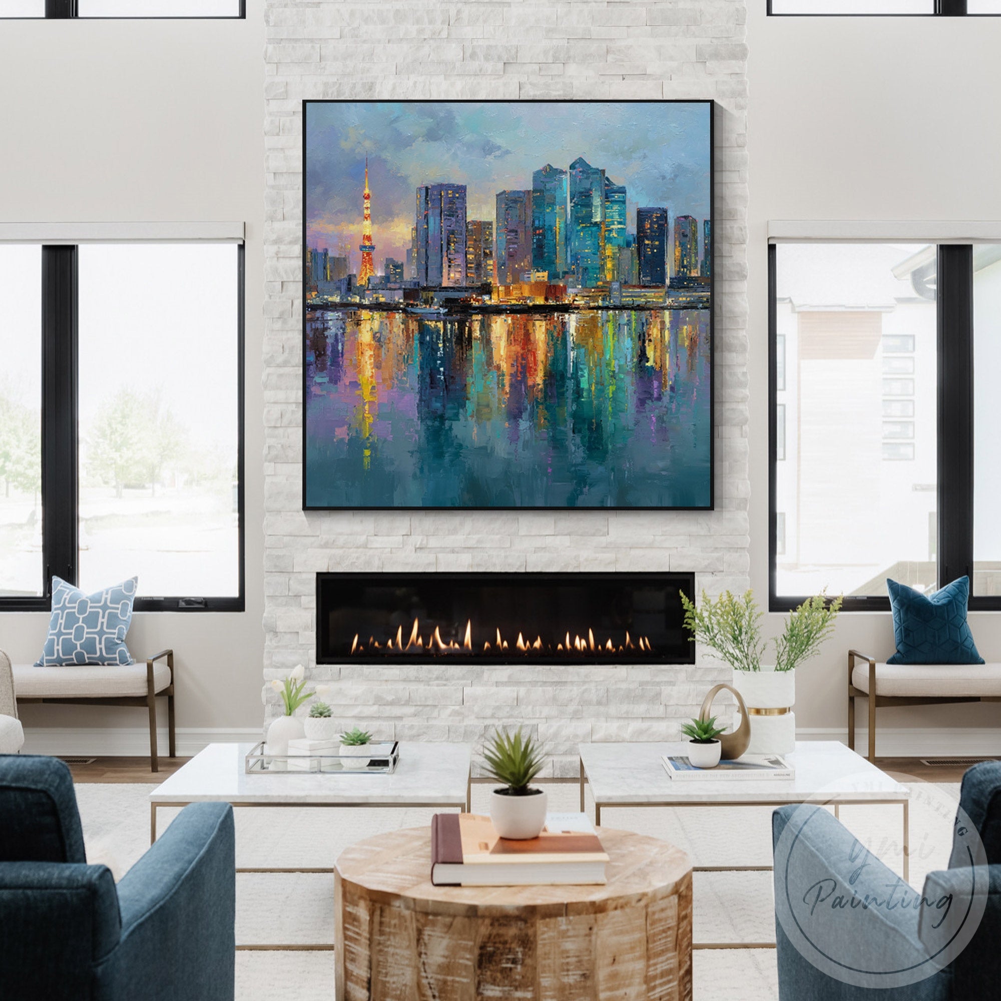 Hand painted Tokyo urban skyline canvas for office decor