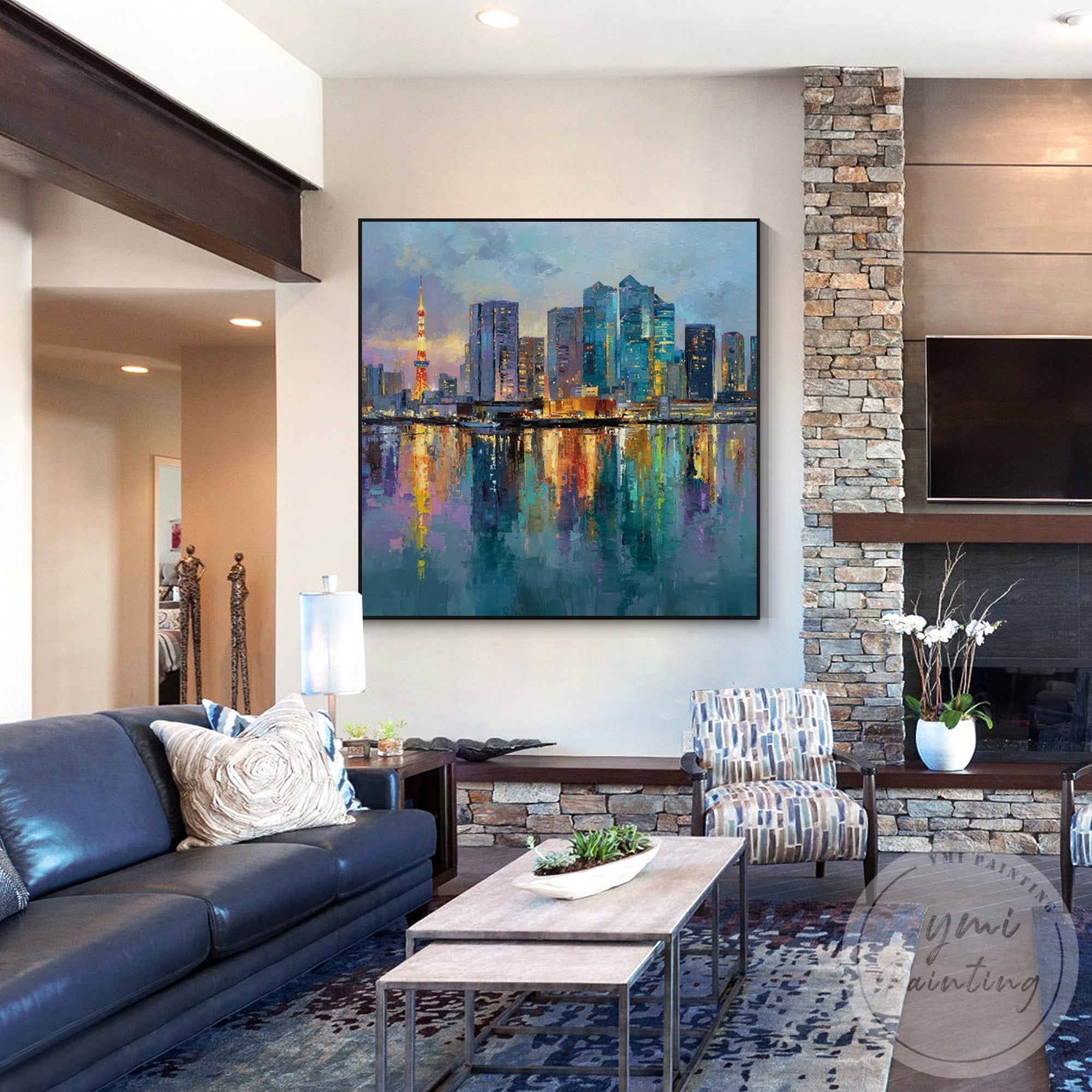 Abstract Tokyo skyline wall art for living room interior design
