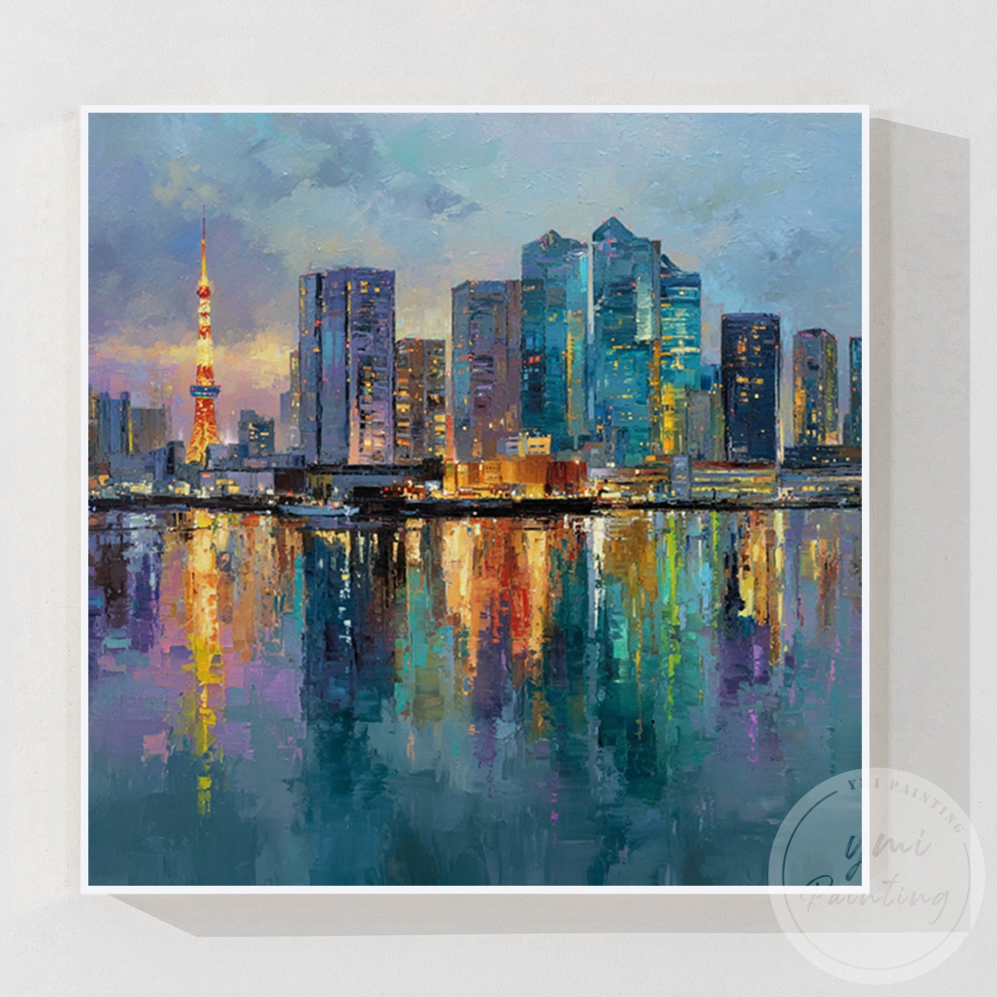 Expressive Tokyo skyline painting oversized canvas artwork