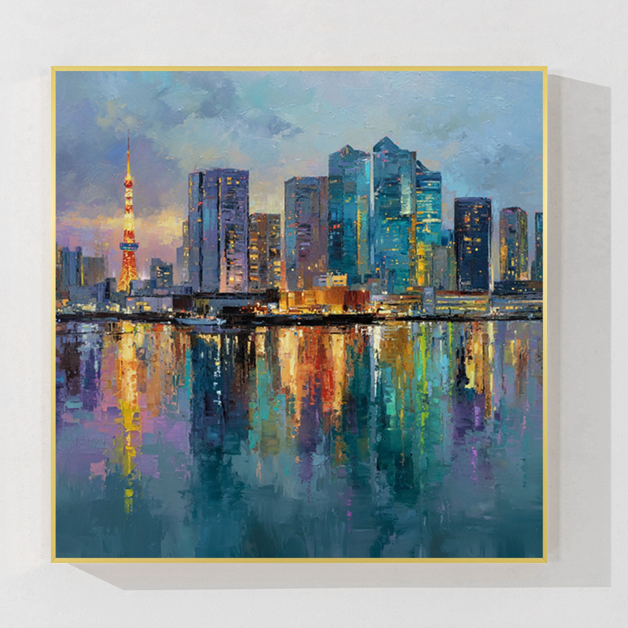 Large hand painted Tokyo skyline canvas abstract city wall art