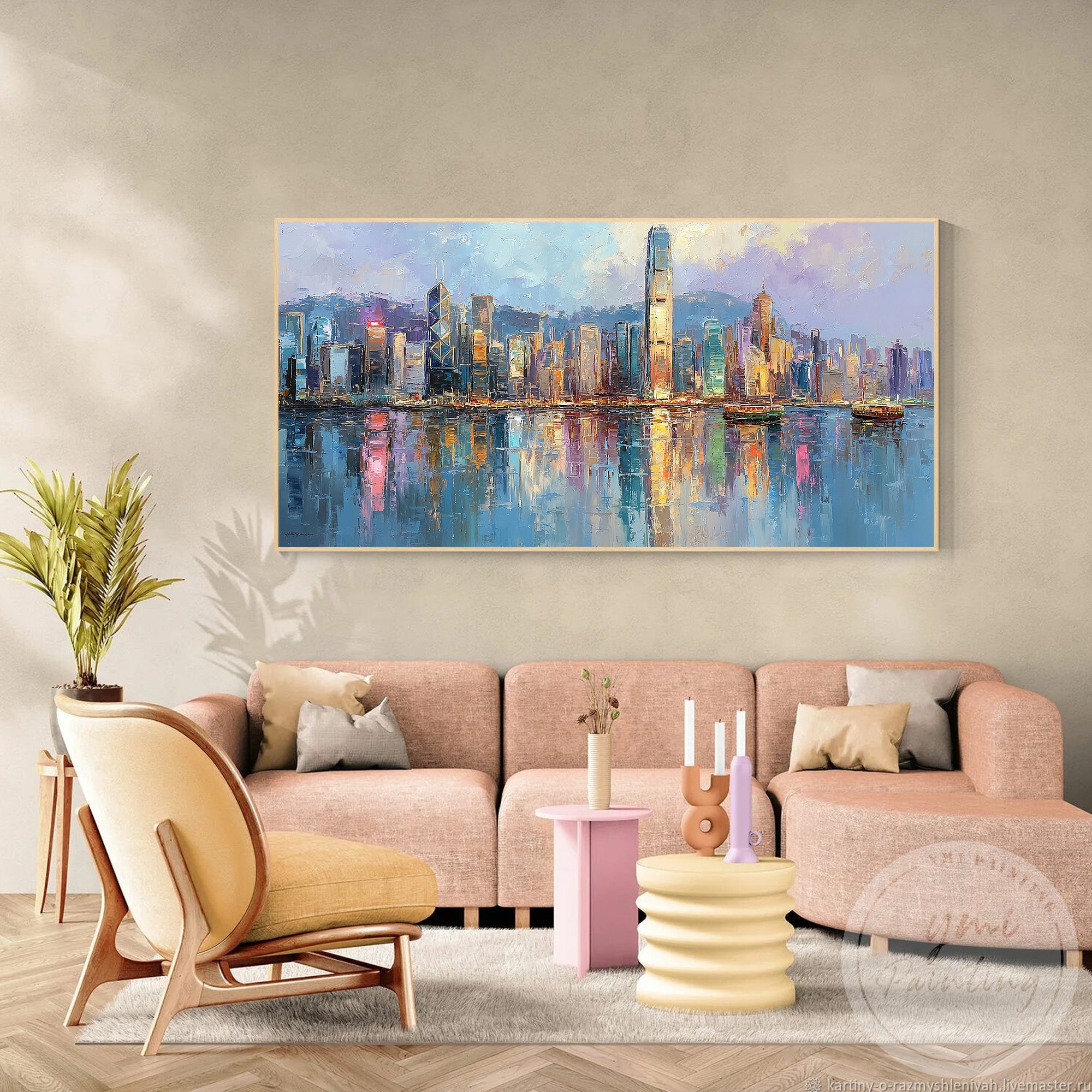 Large urban wall art Hong Kong cityscape modern interior style