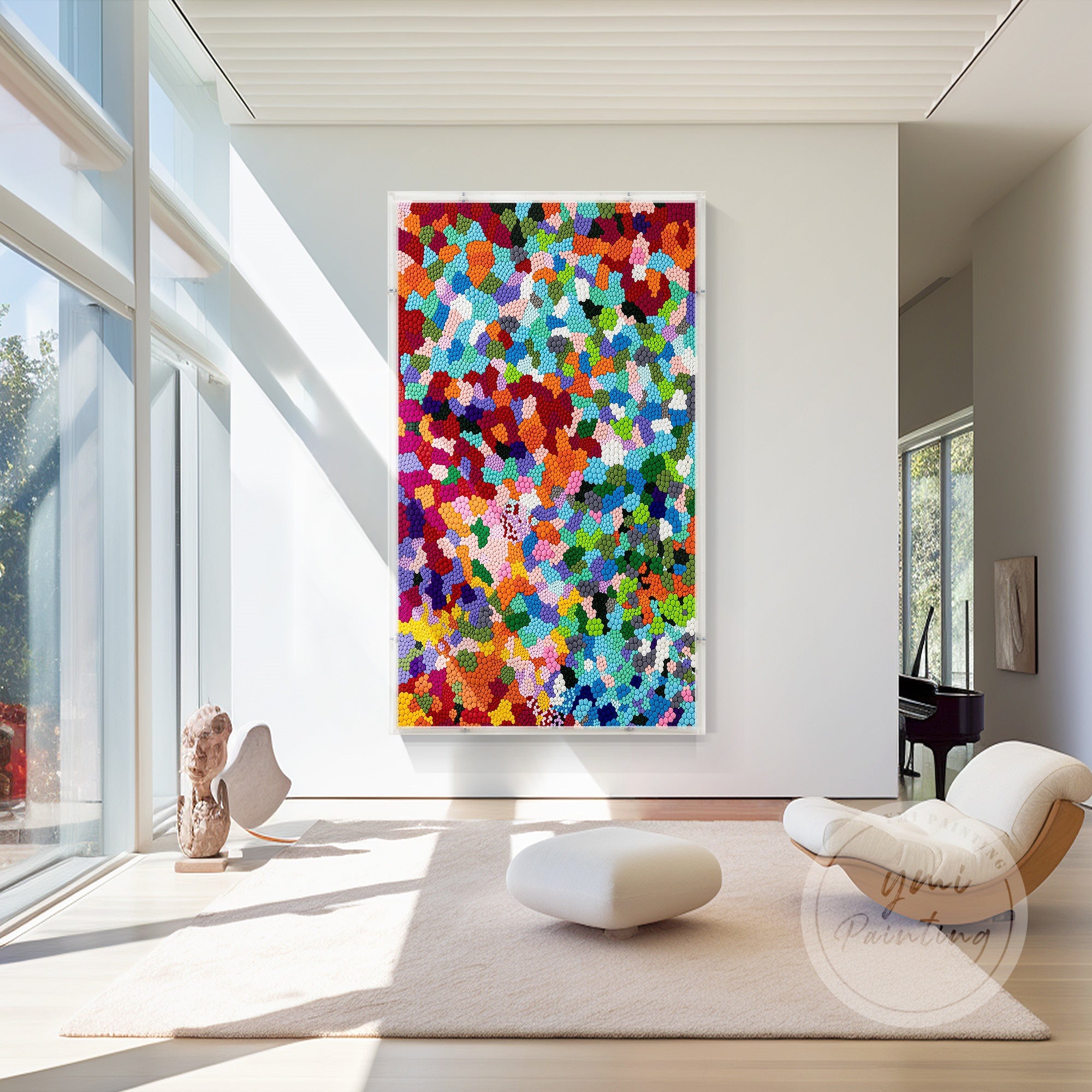 Pom-pom wall decor in bright colors creating a spring park scene above a wooden cabinet.
