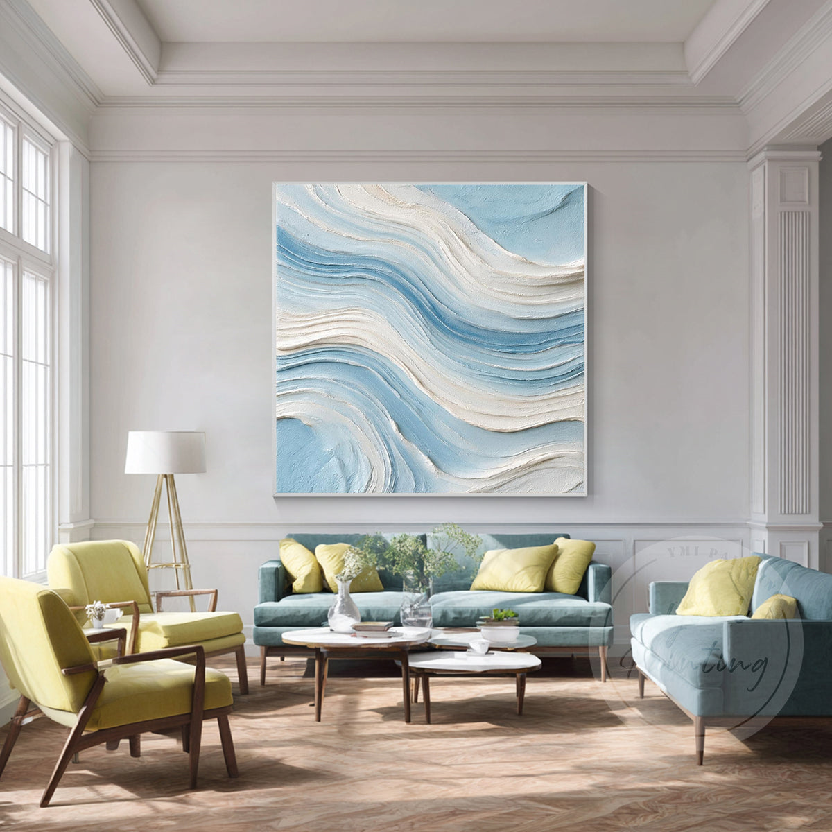 Layered ocean wave canvas art with soft blue brushwork