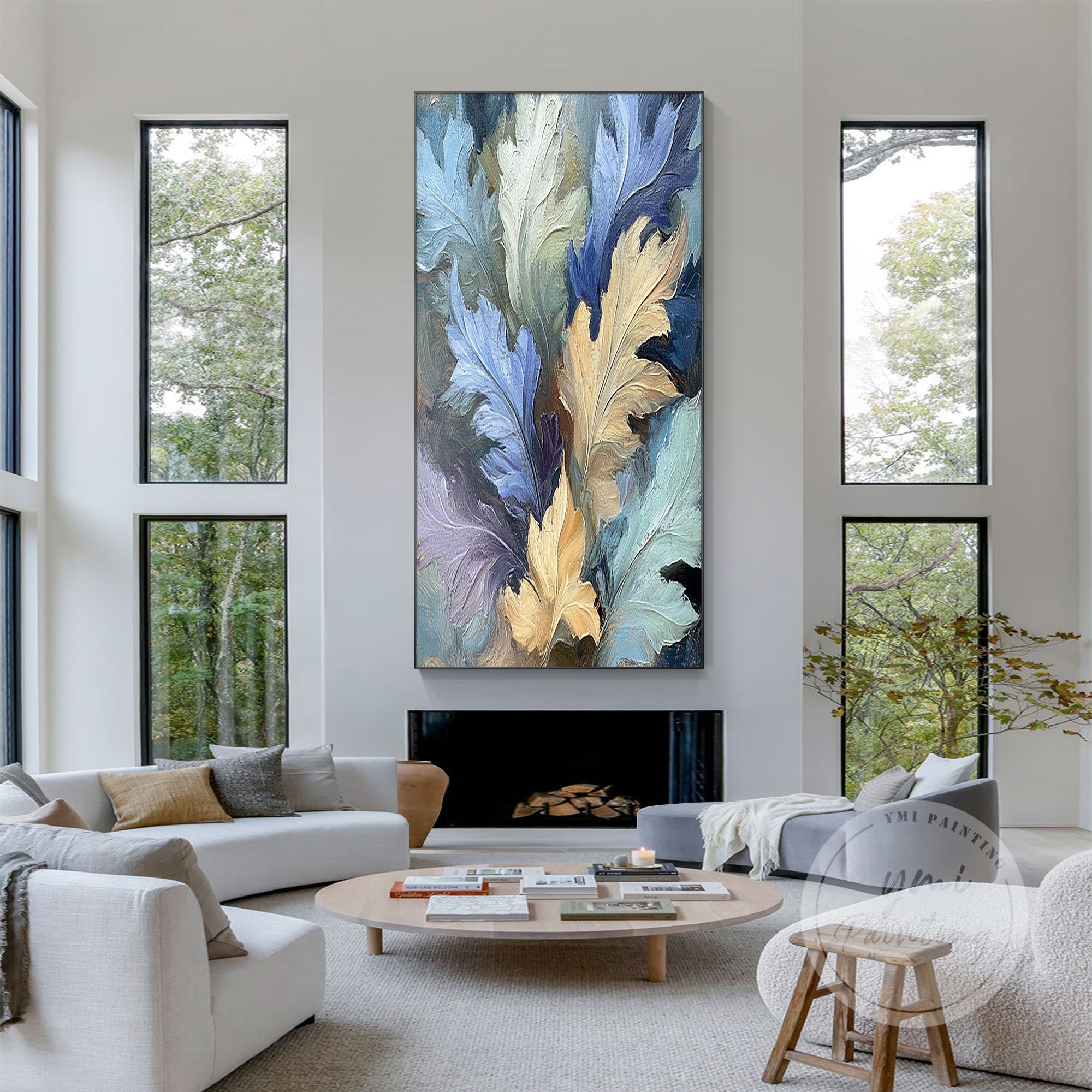 Abstract autumn leaves art featuring a blend of blues, yellows, and purples, evoking harmony.