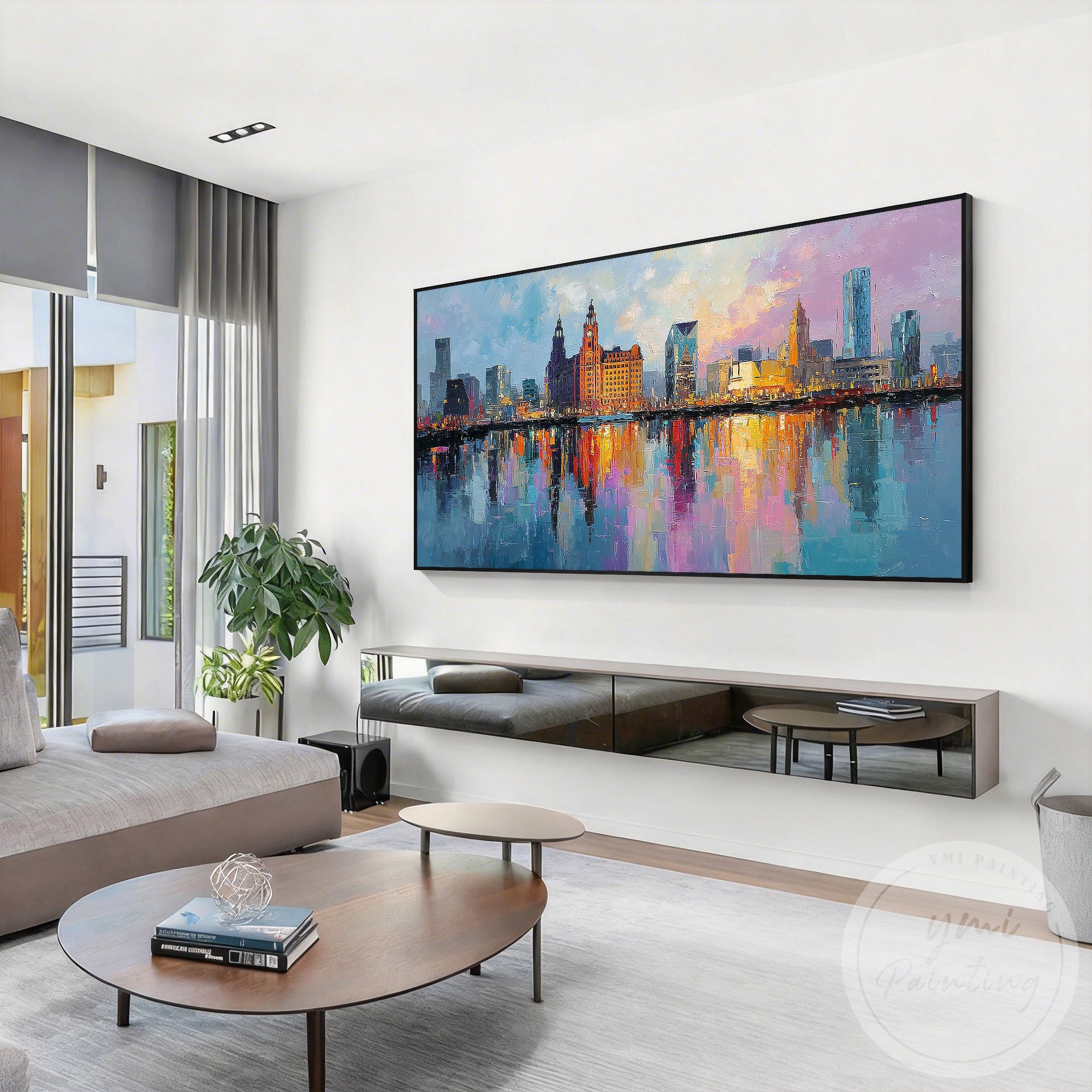 Colorful Liverpool city skyline painting waterfront canvas artwork