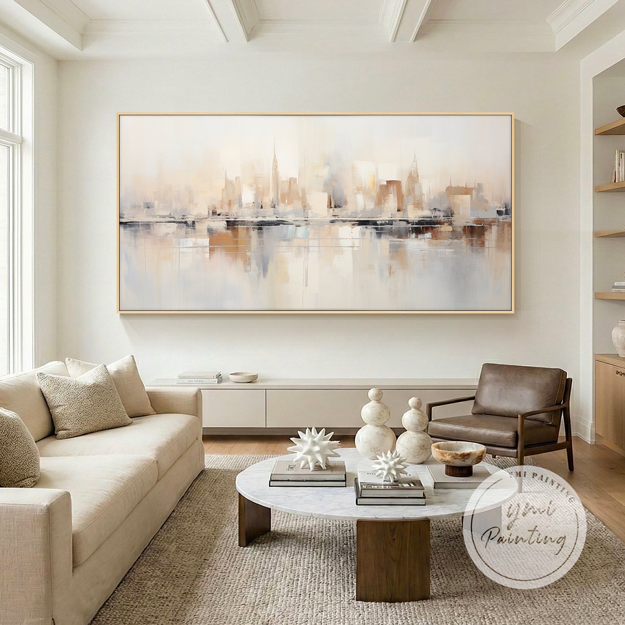 London skyline abstract painting in neutral tones above sofa wall decor