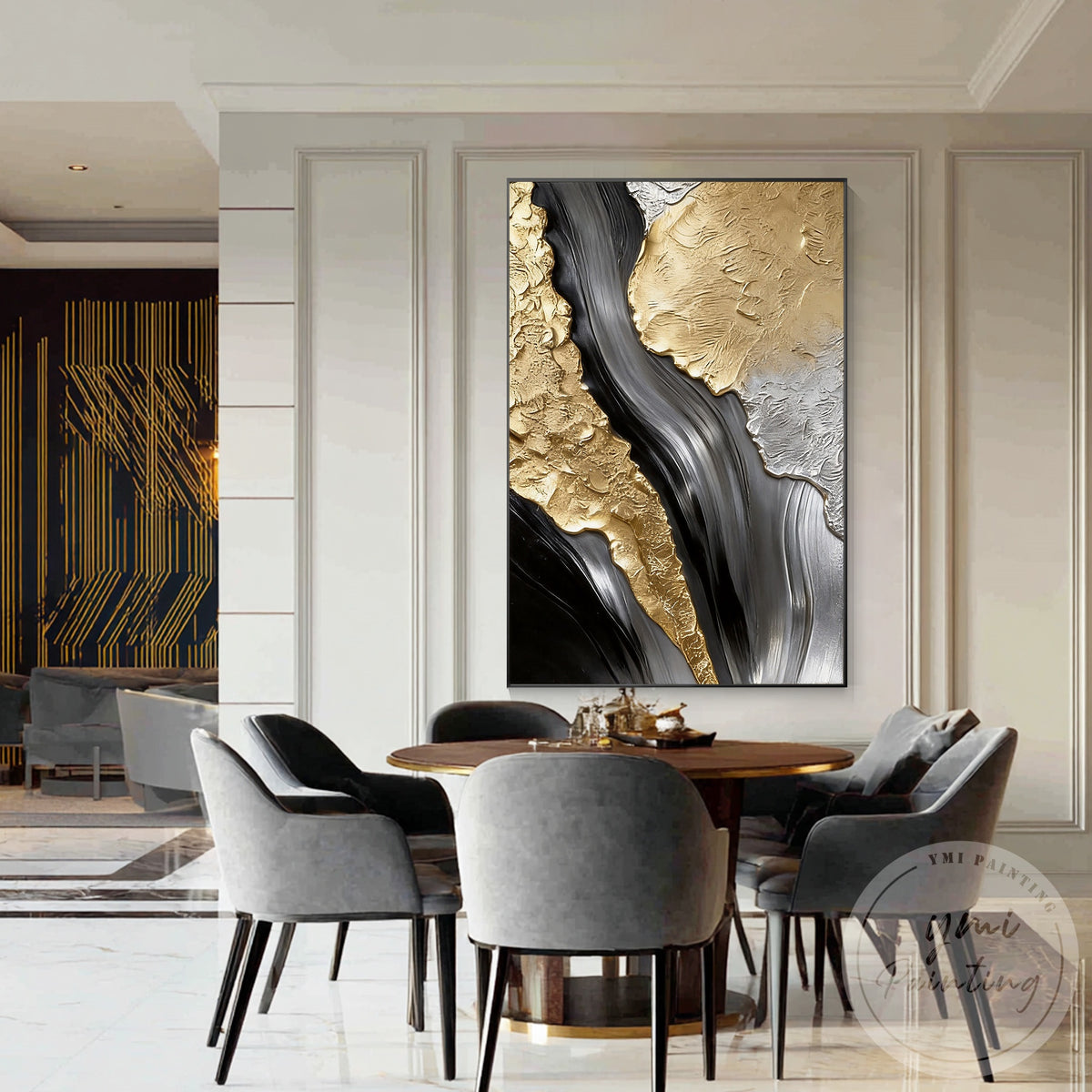Fluid metallic gold painting with black marble effect