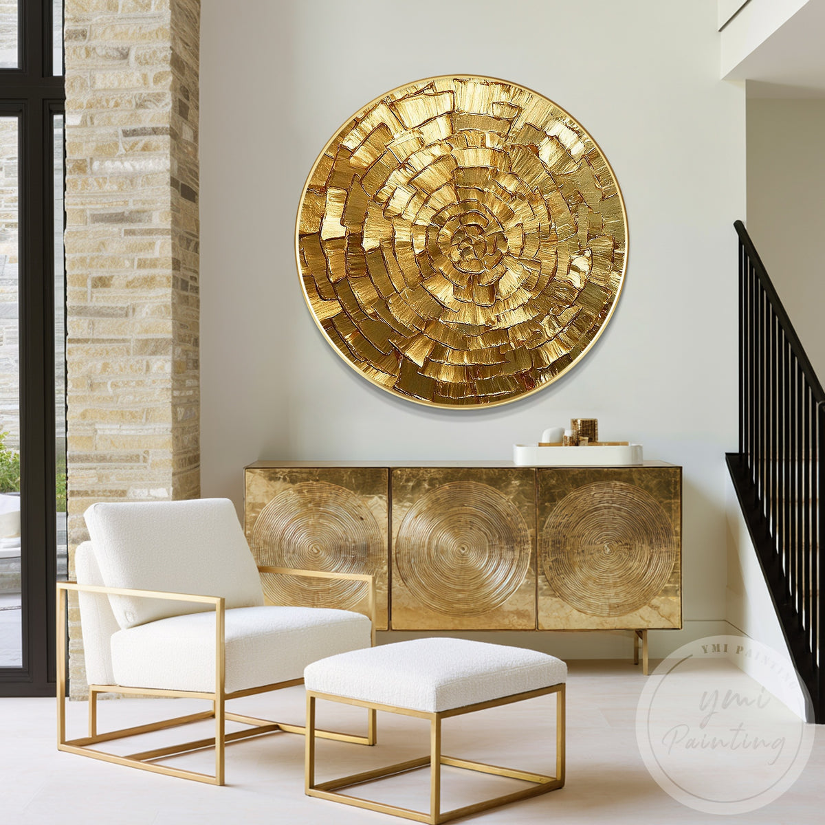 Luxury round gold abstract wall art for living room