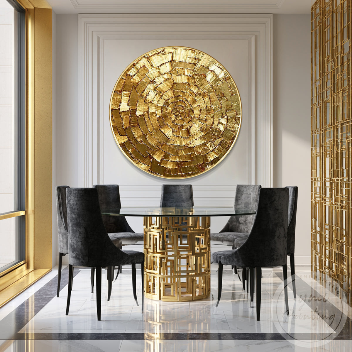Gold spiral impasto painting with raised texture