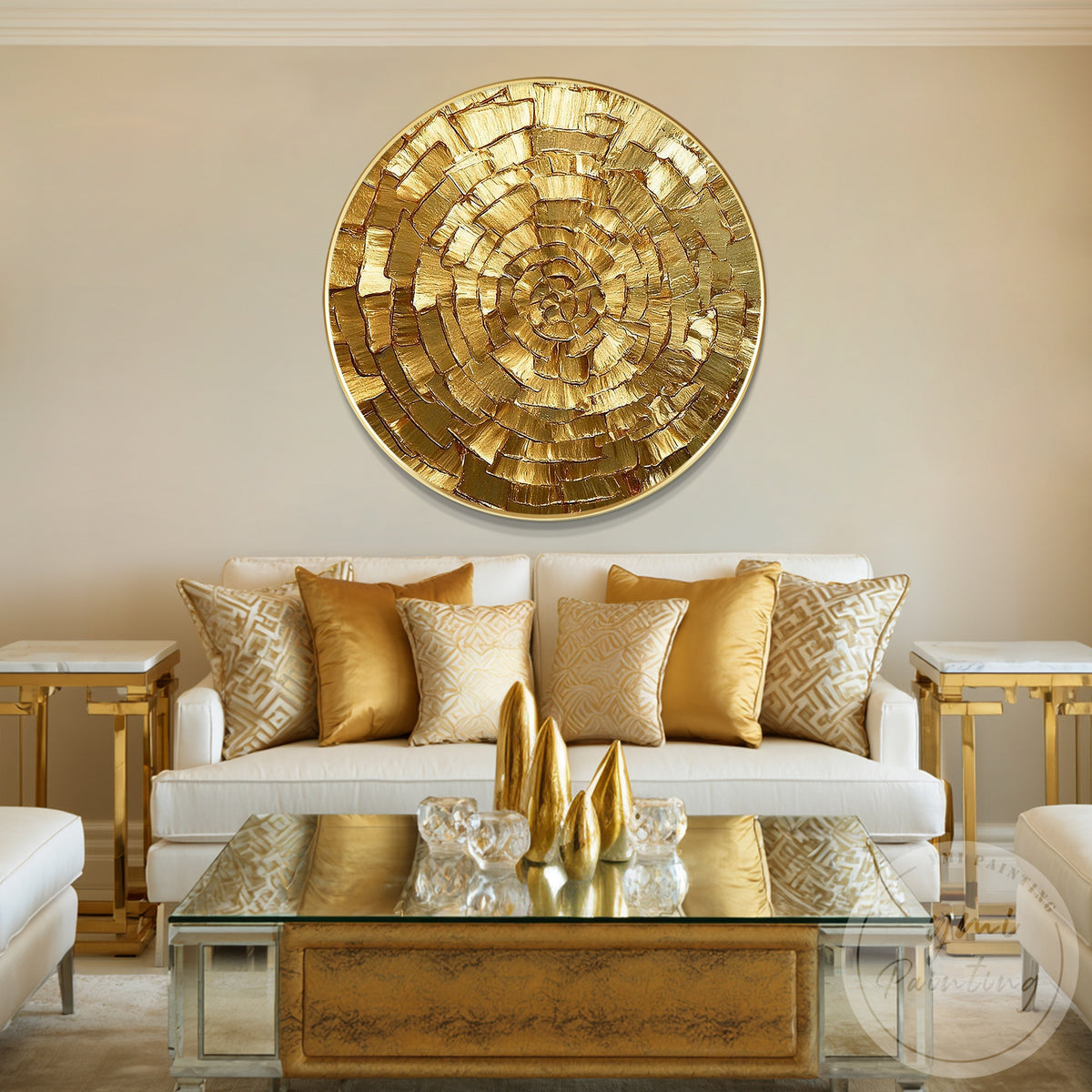 Gold round abstract impasto spiral painting