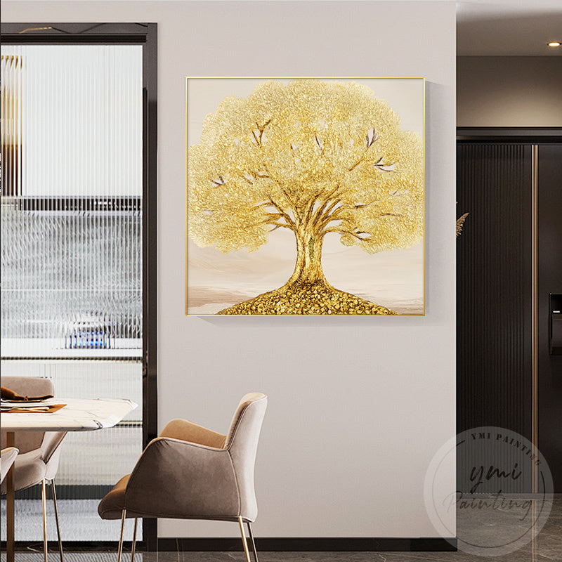 Refined hand-painted golden life tree with intricate details and minimalist style for wall decor.