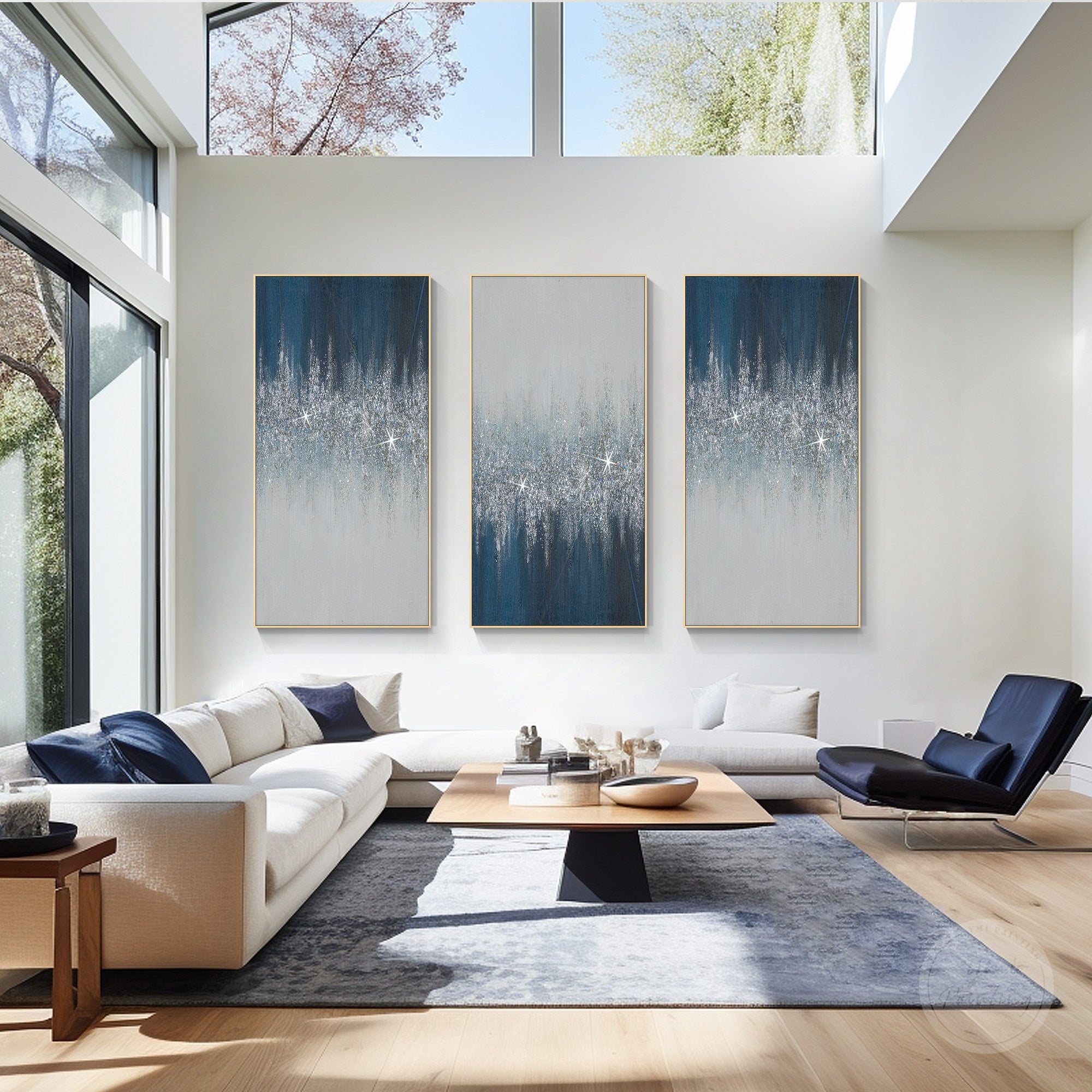 Luxury navy and silver wall art featuring three canvas panels with reflective glitter and elegant abstract design