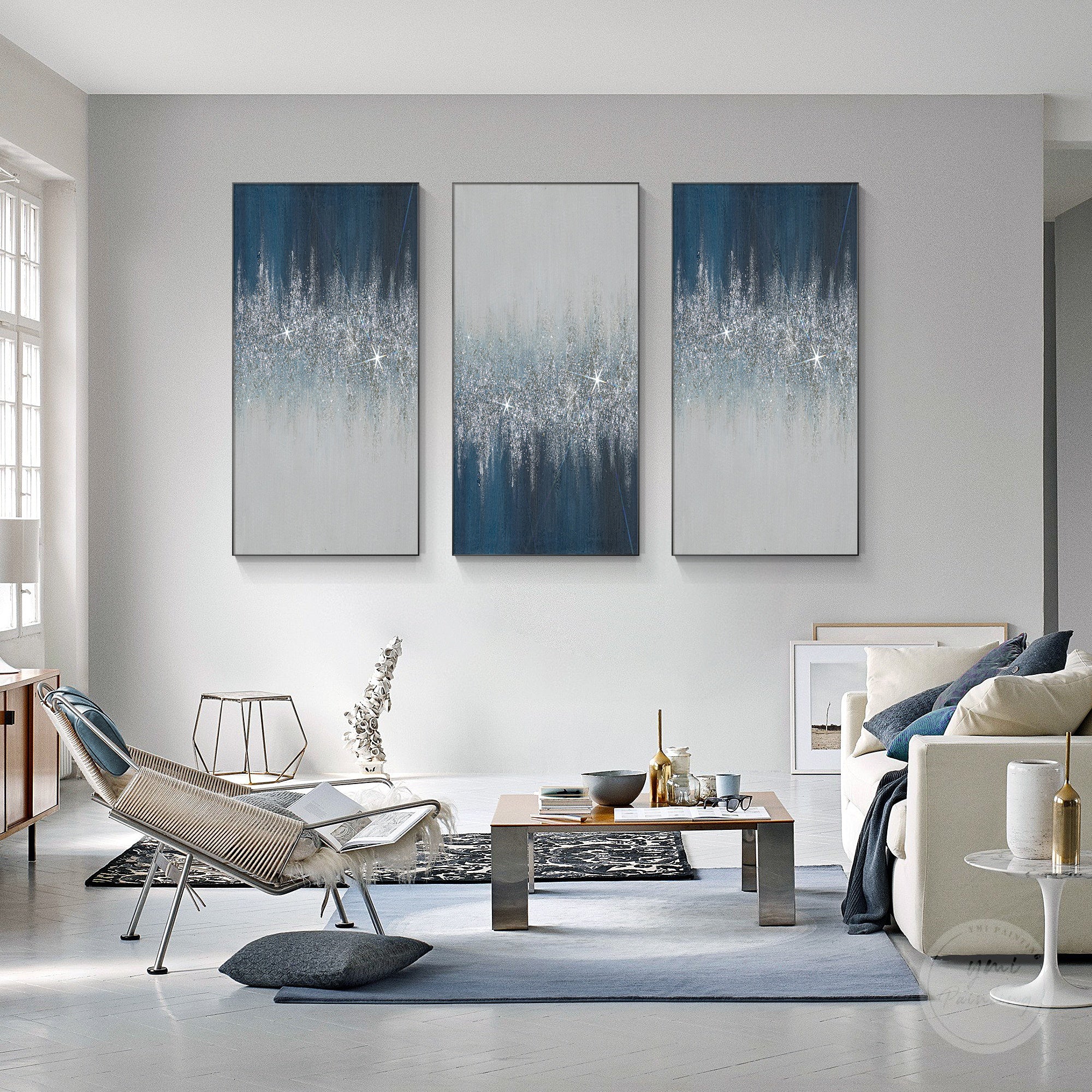 Handmade triptych glitter wall art with navy blue background, metallic silver texture, and modern glam style