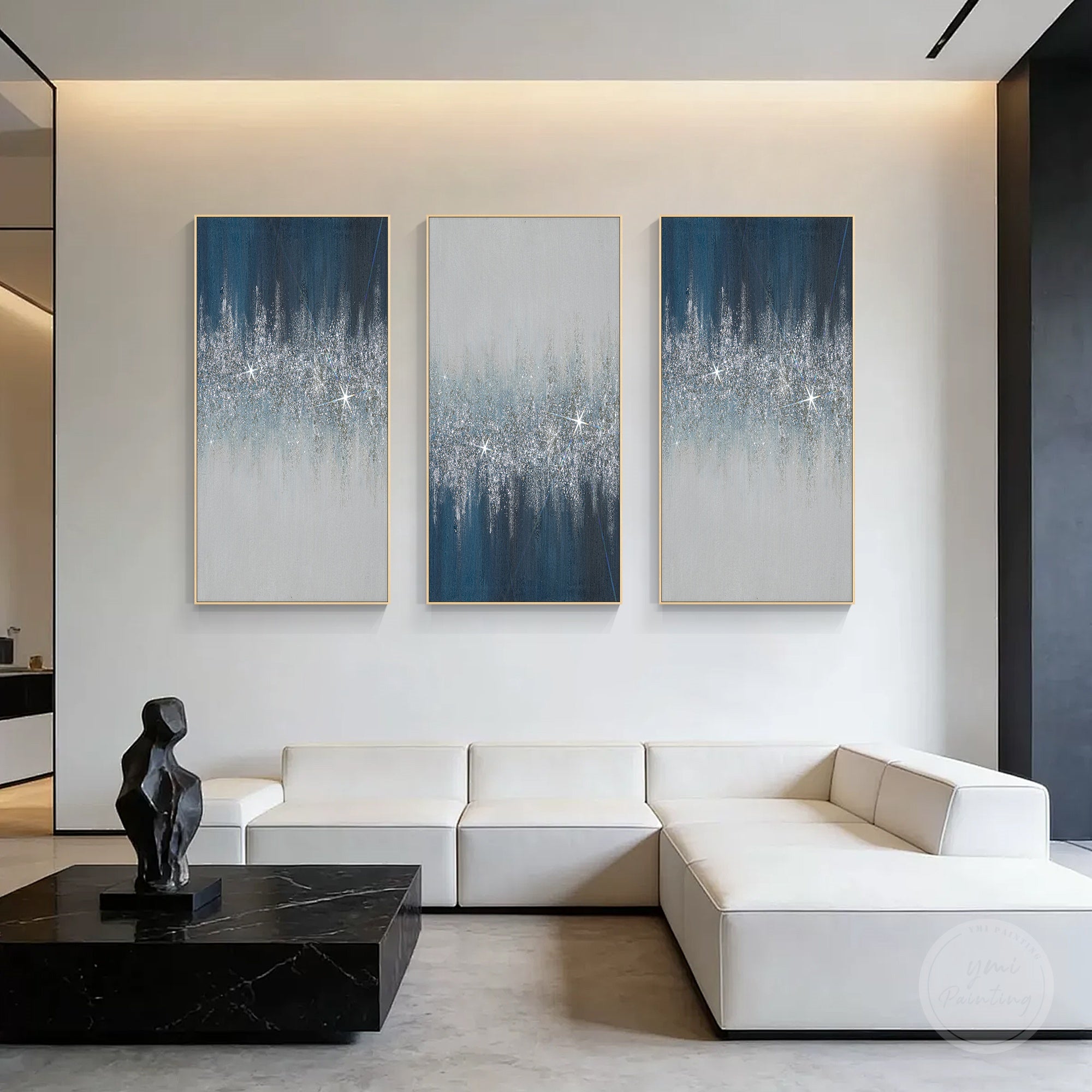 Unique silver glitter crushed glass wall art with navy blue abstract composition for luxury interior decoration