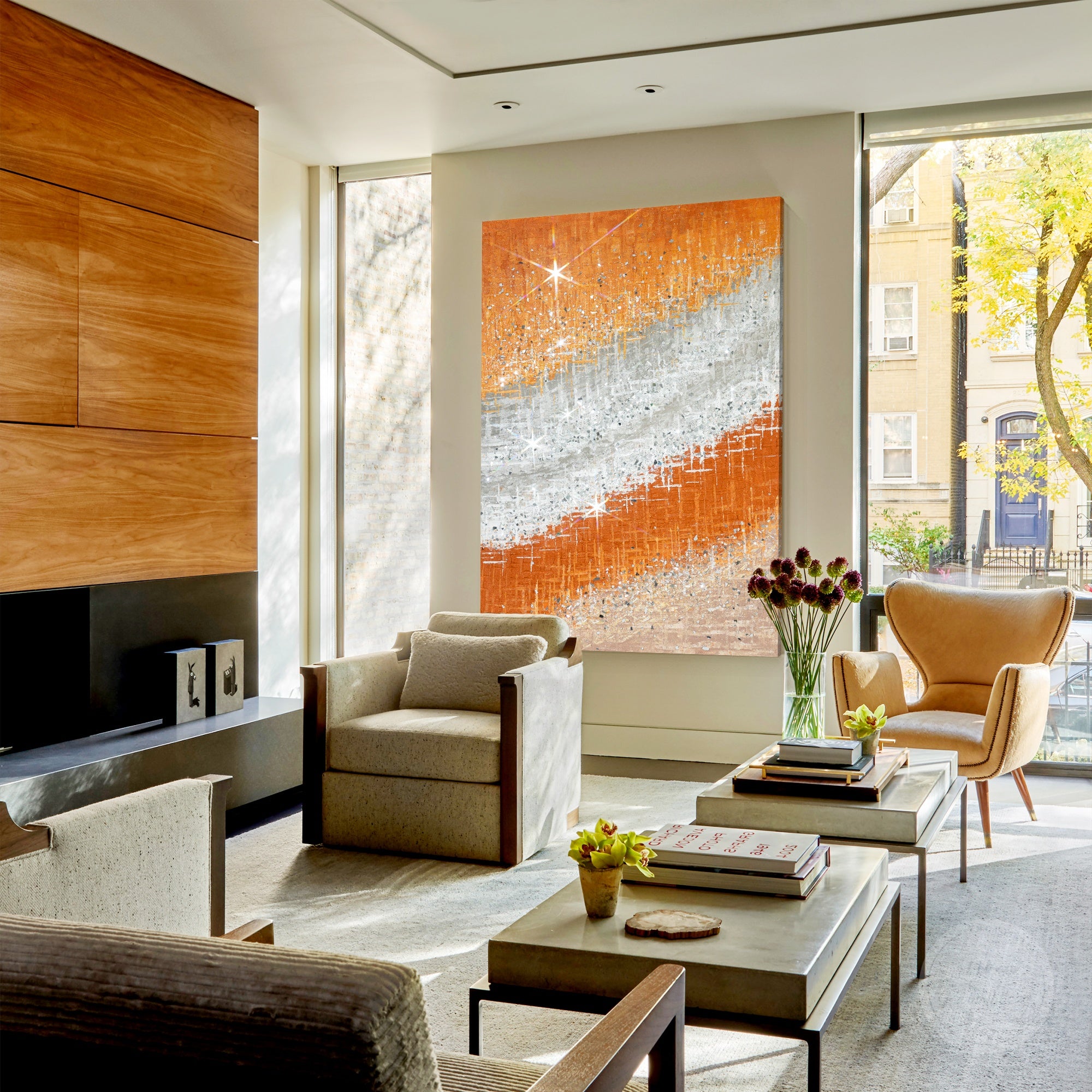 Contemporary orange wall decor painting with reflective crushed glass details and sophisticated design
