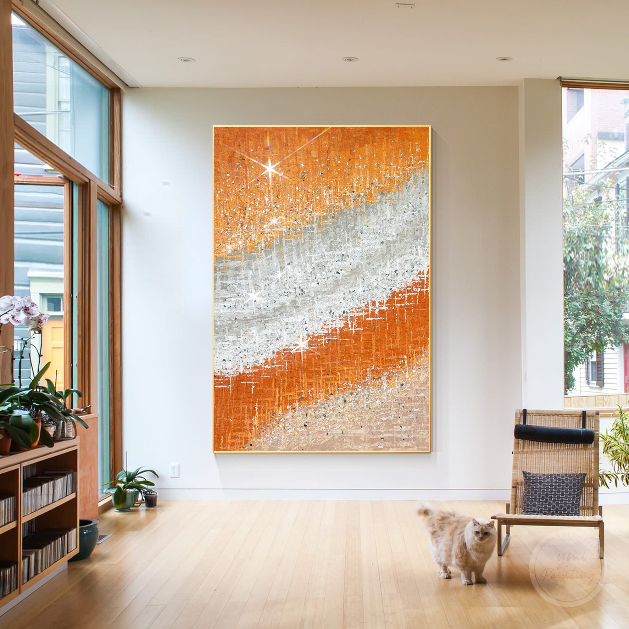 Handmade orange crushed glass wall art featuring shimmering details and luxurious textured canvas design