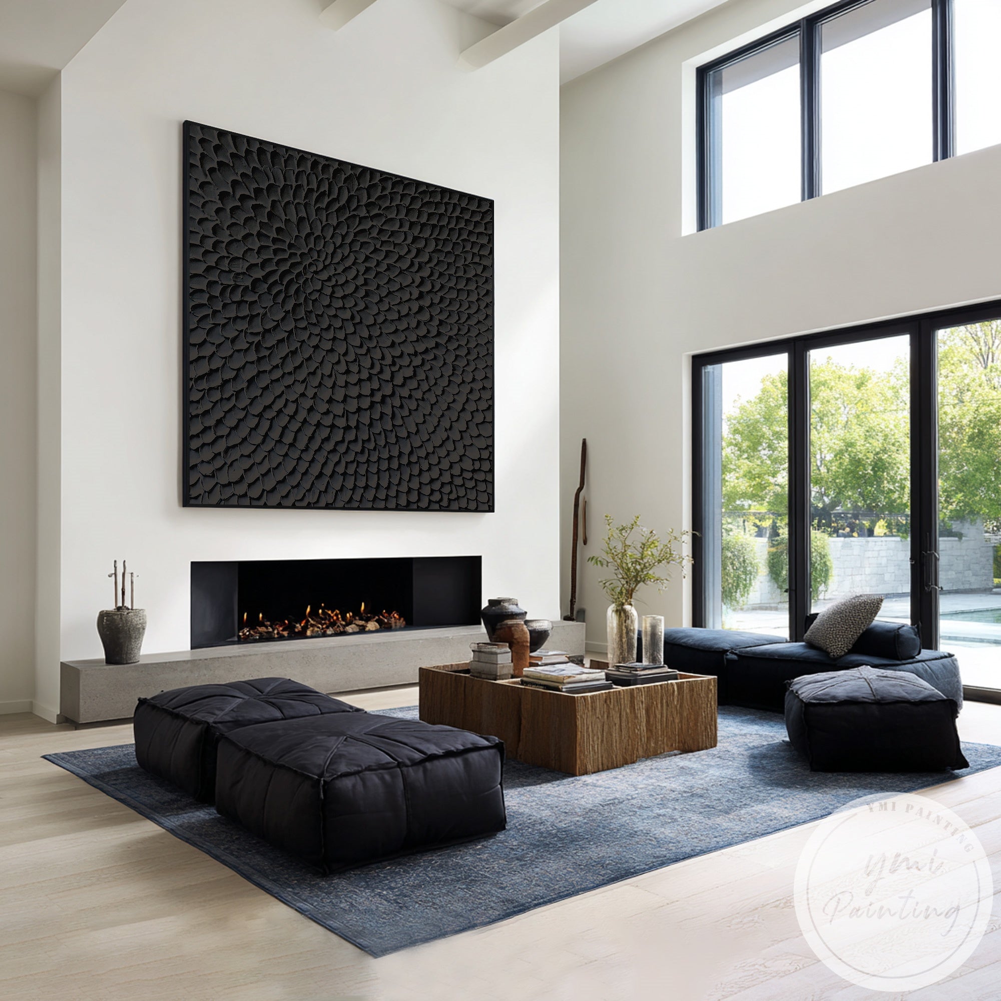 Sculpted petal abstract canvas artwork black textured design