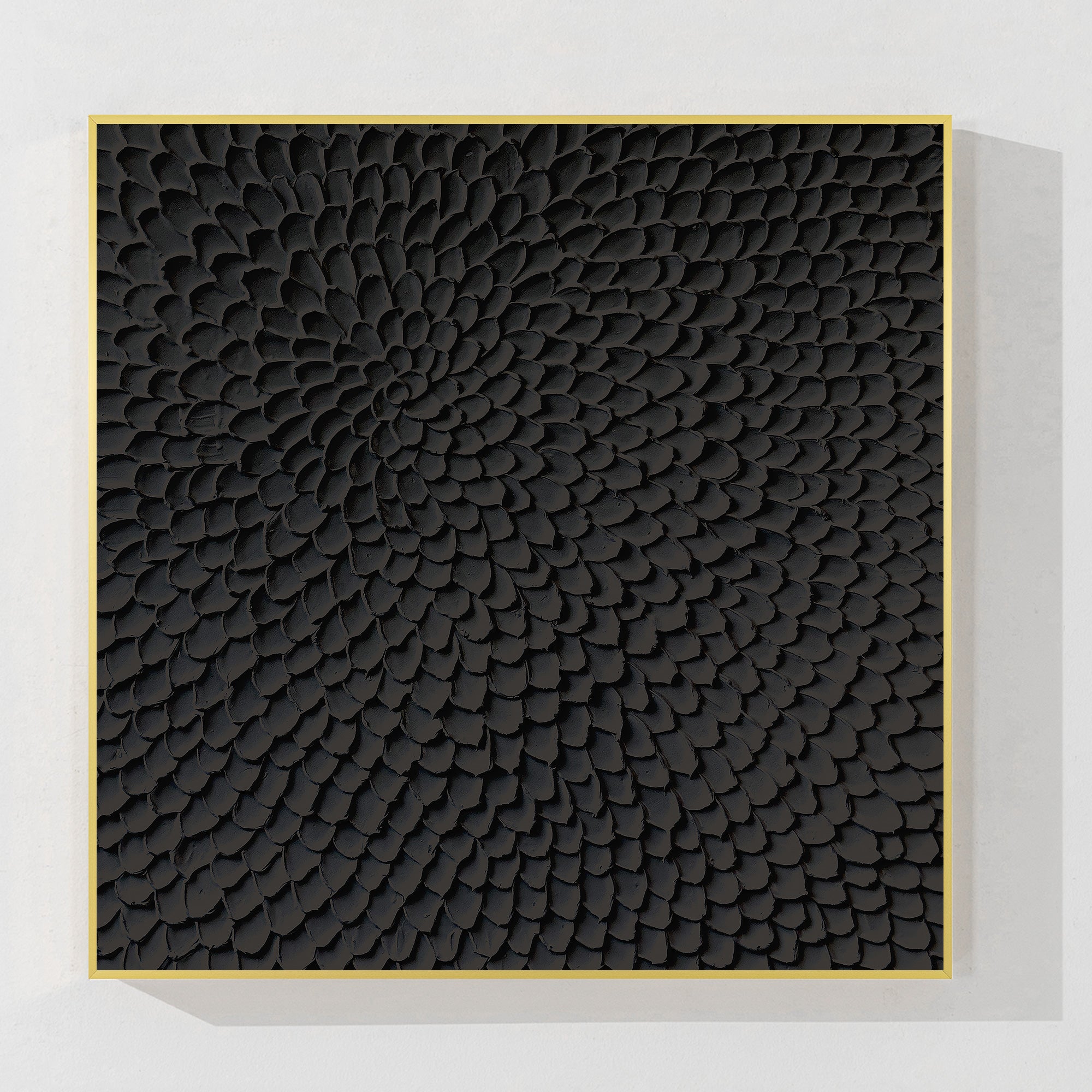 Matte black abstract textured canvas art sculpted petal relief
