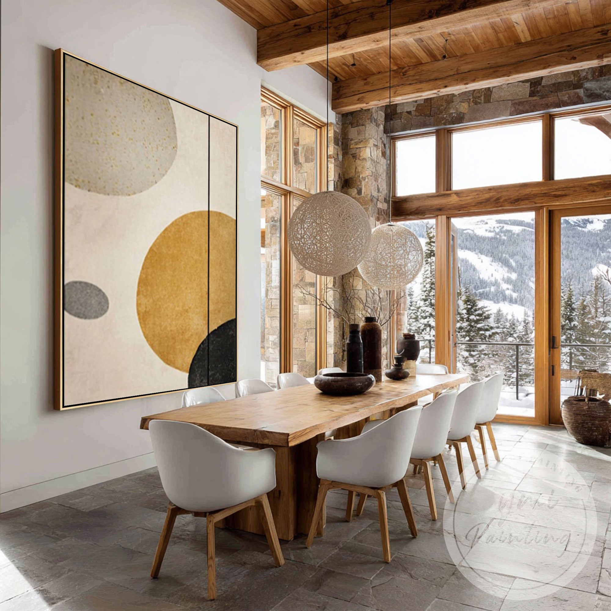 Elegant beige abstract geometric artwork with gold accents