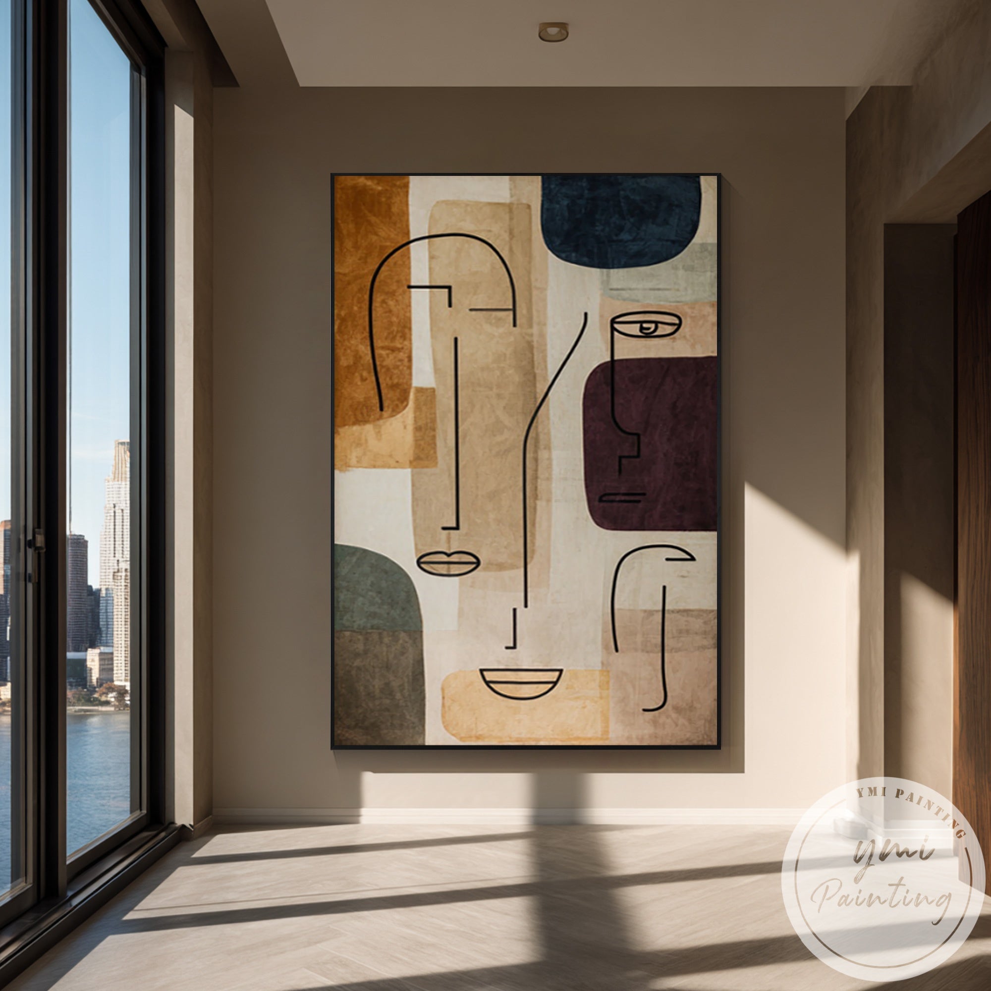 Large abstract face wall art with geometric minimalist design