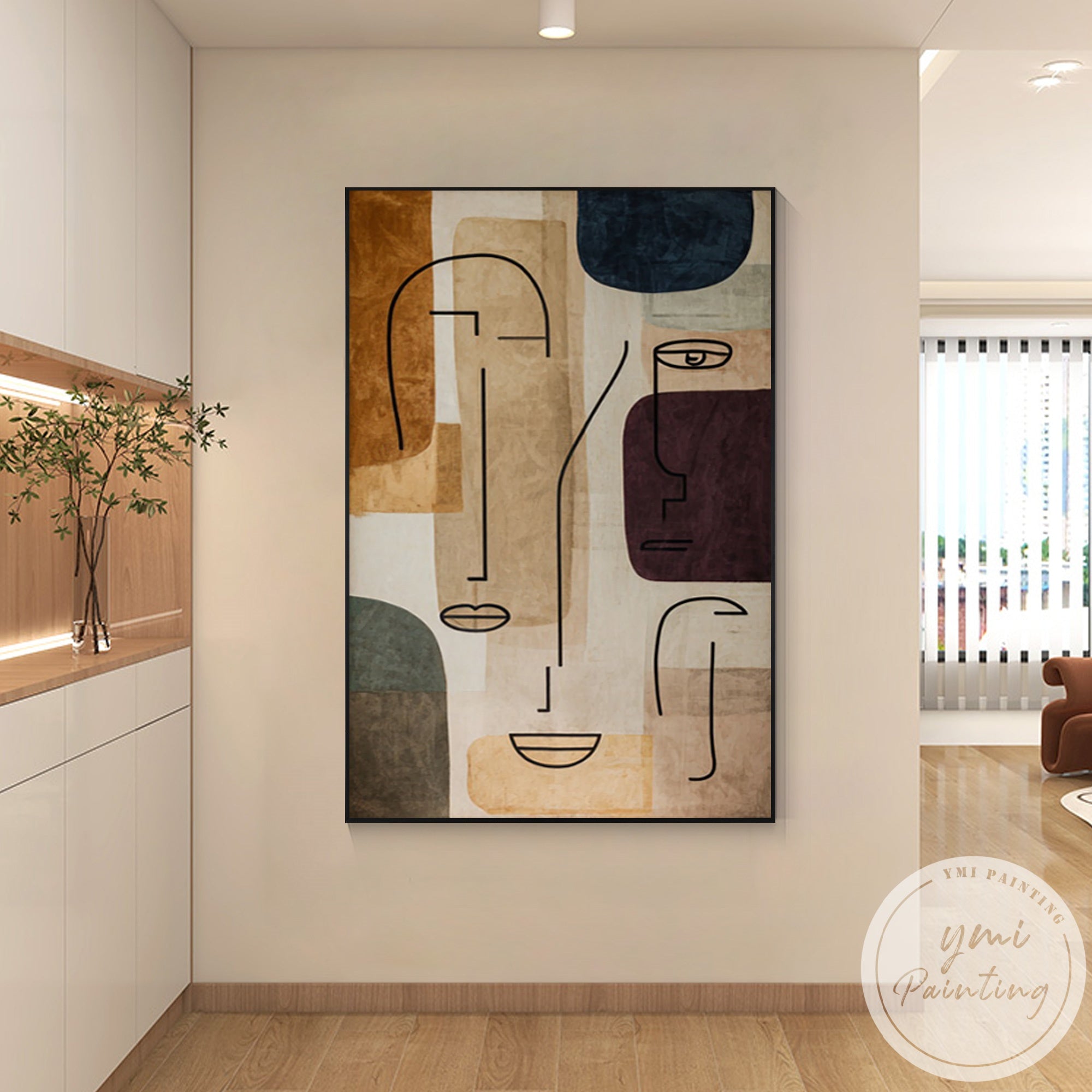 Minimalist geometric face artwork on large canvas wall art