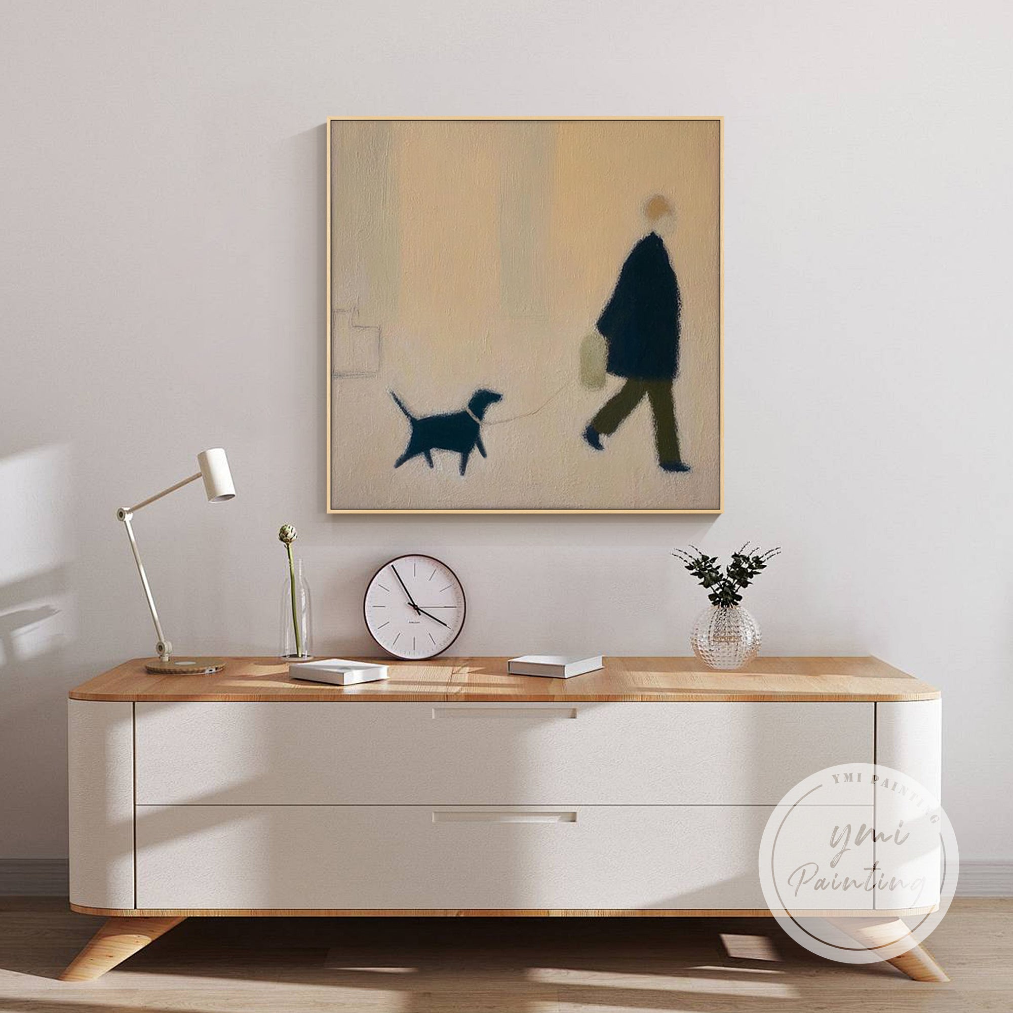 Neutral minimalist canvas art of person and dog walking together