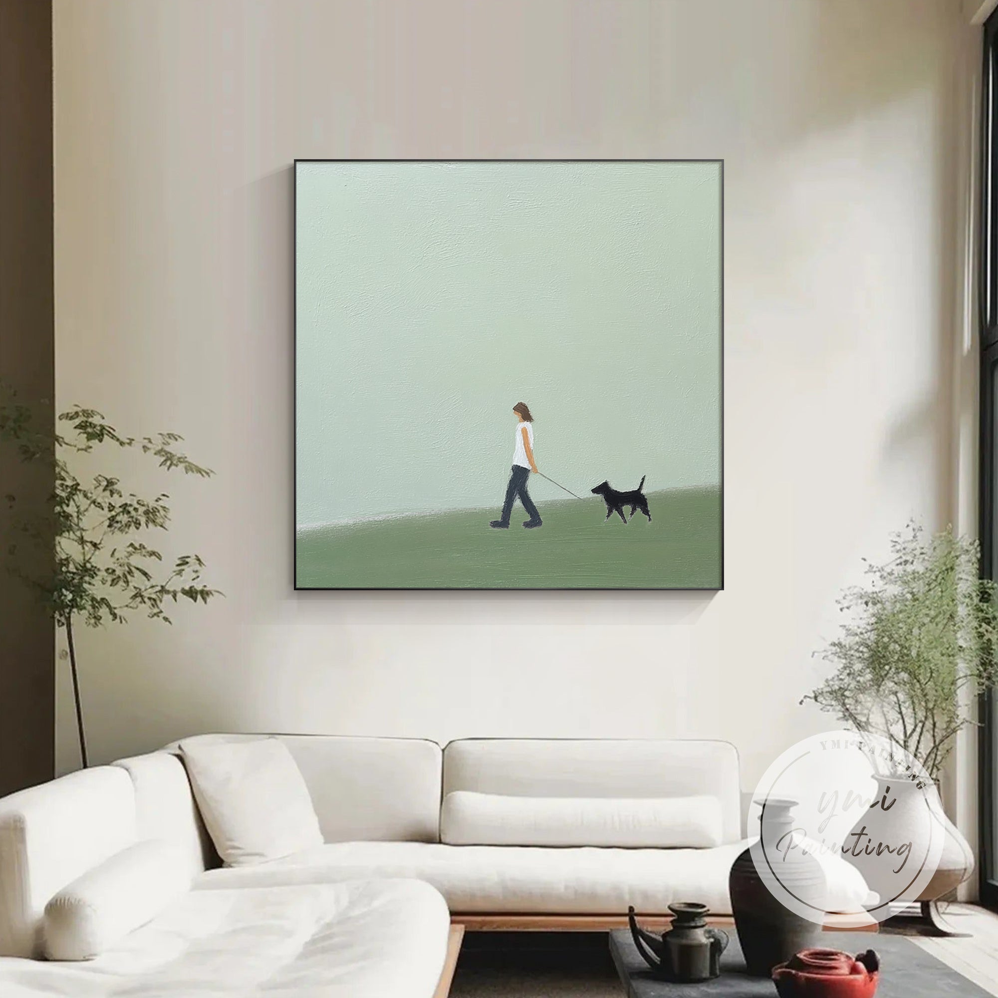 minimalist dog walking canvas painting green landscape wall art