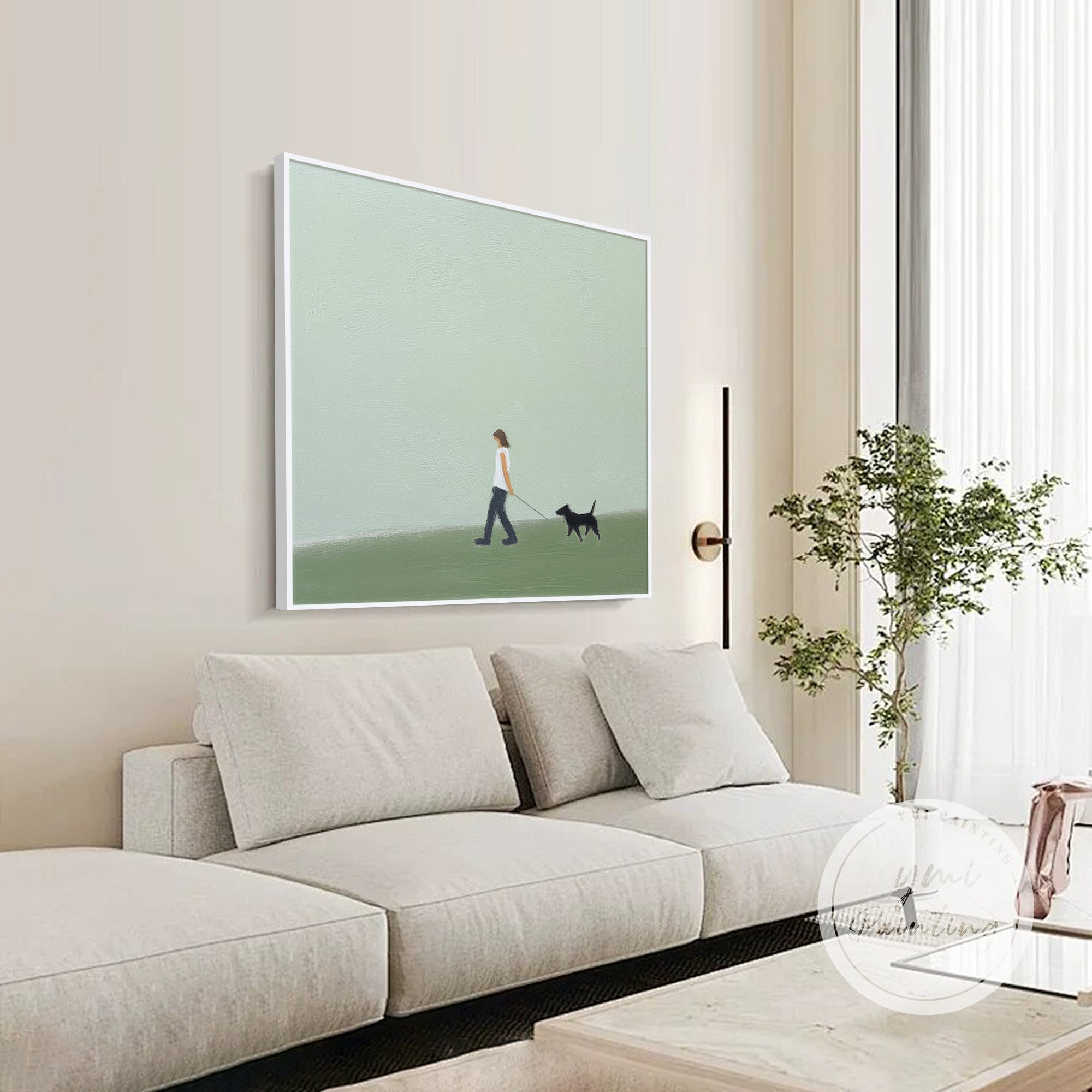 green landscape minimalist canvas art with person and dog