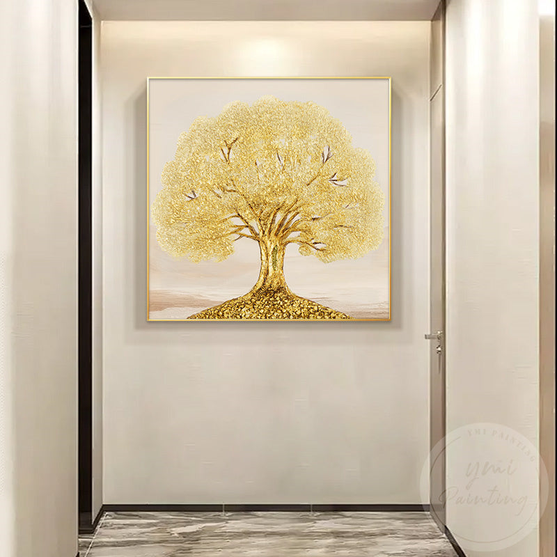 Modern golden tree of life artwork with a static posture and subtle glow on a crisp canvas.
