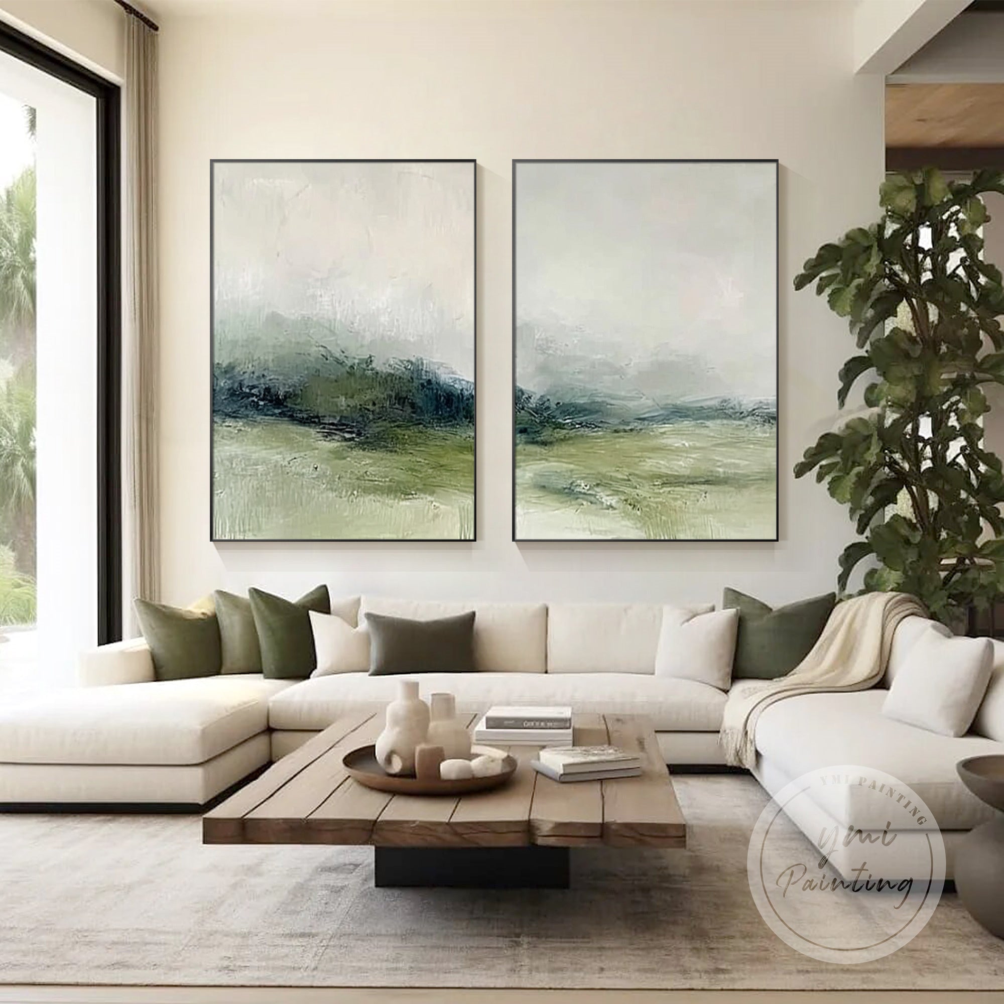 pannelli d'arte murale astratta verde tenue in interno di camera da letto minimalista