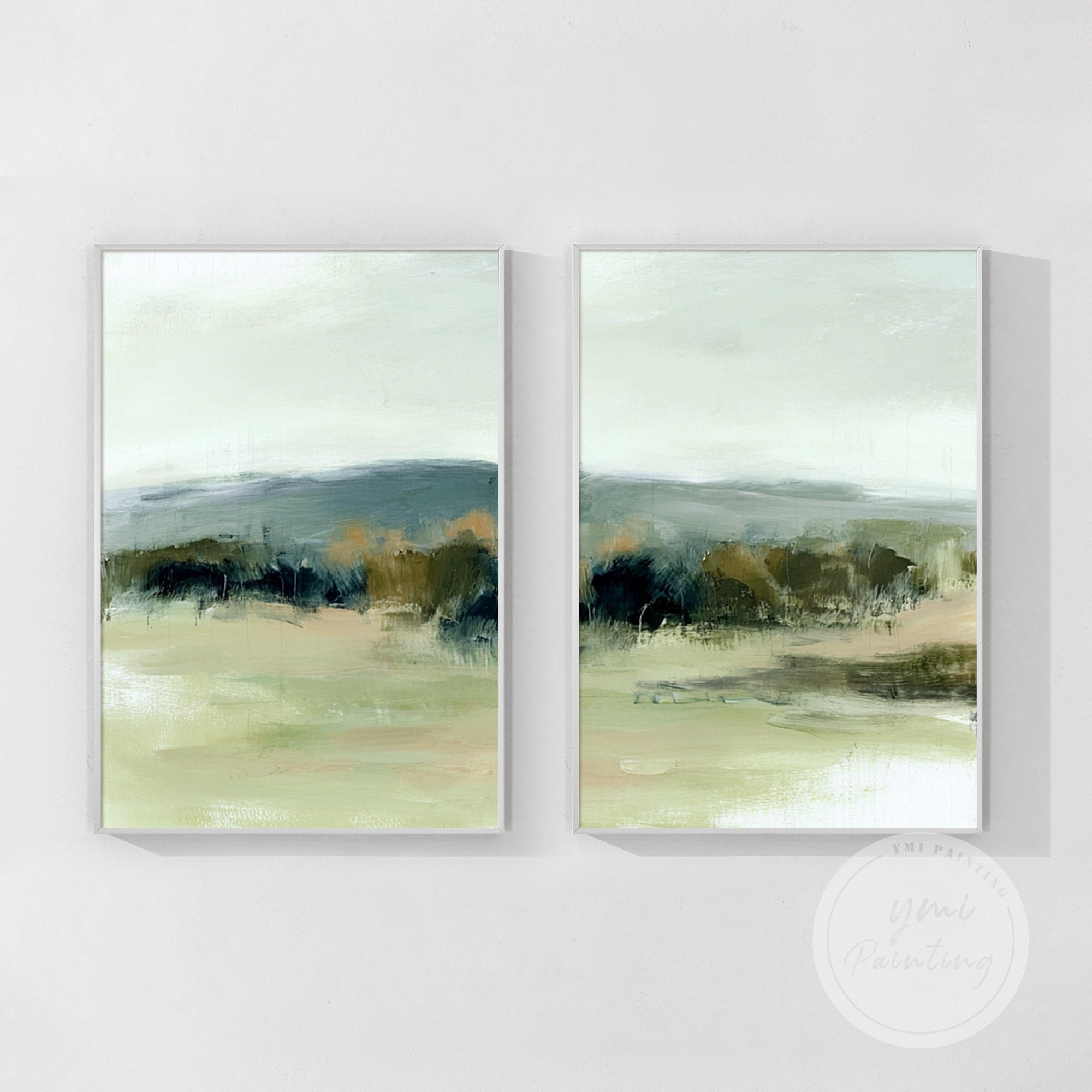 textured green landscape diptych on console table wall decor