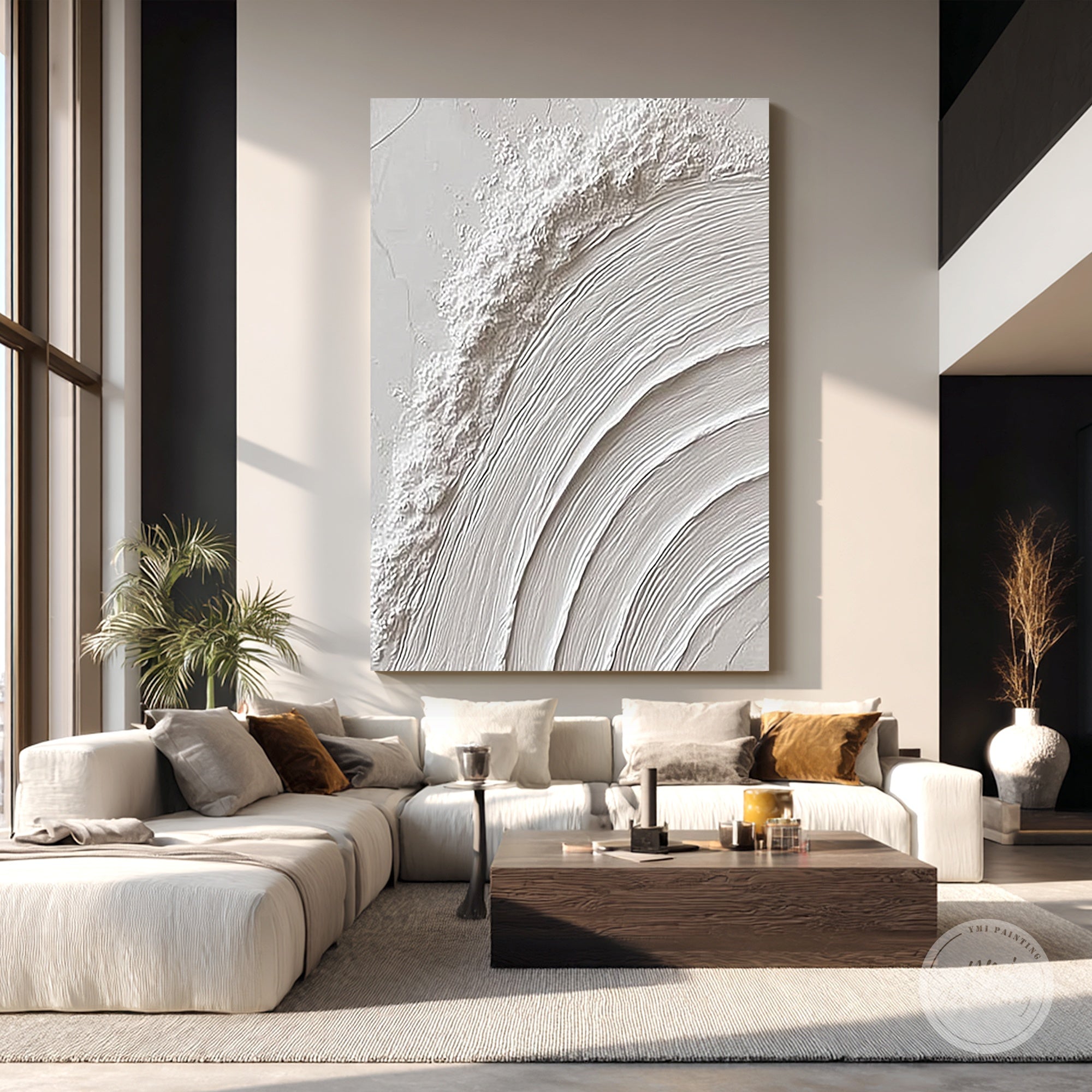 sculptural white abstract canvas layered ridges