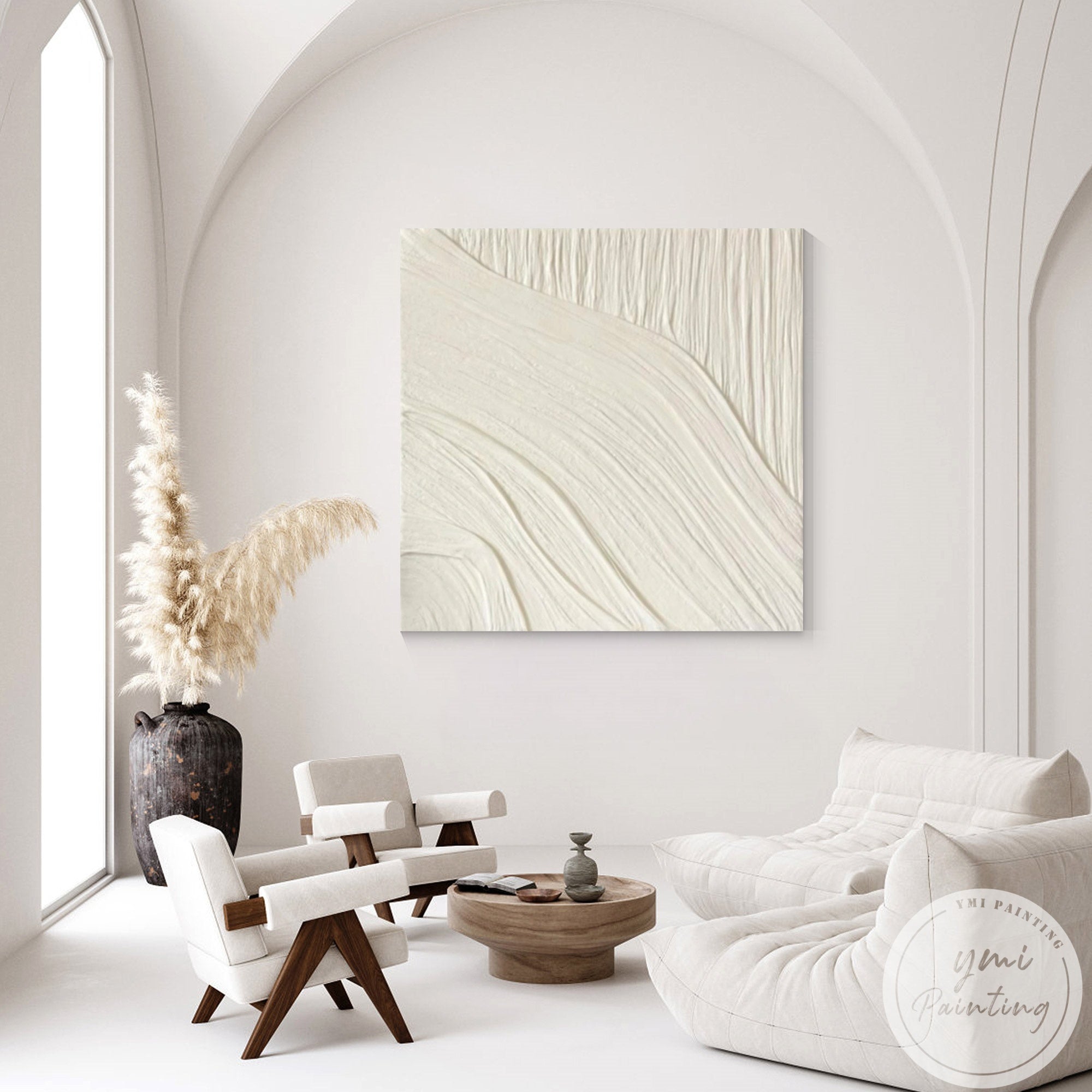 Cream abstract plaster painting textured canvas wall art
