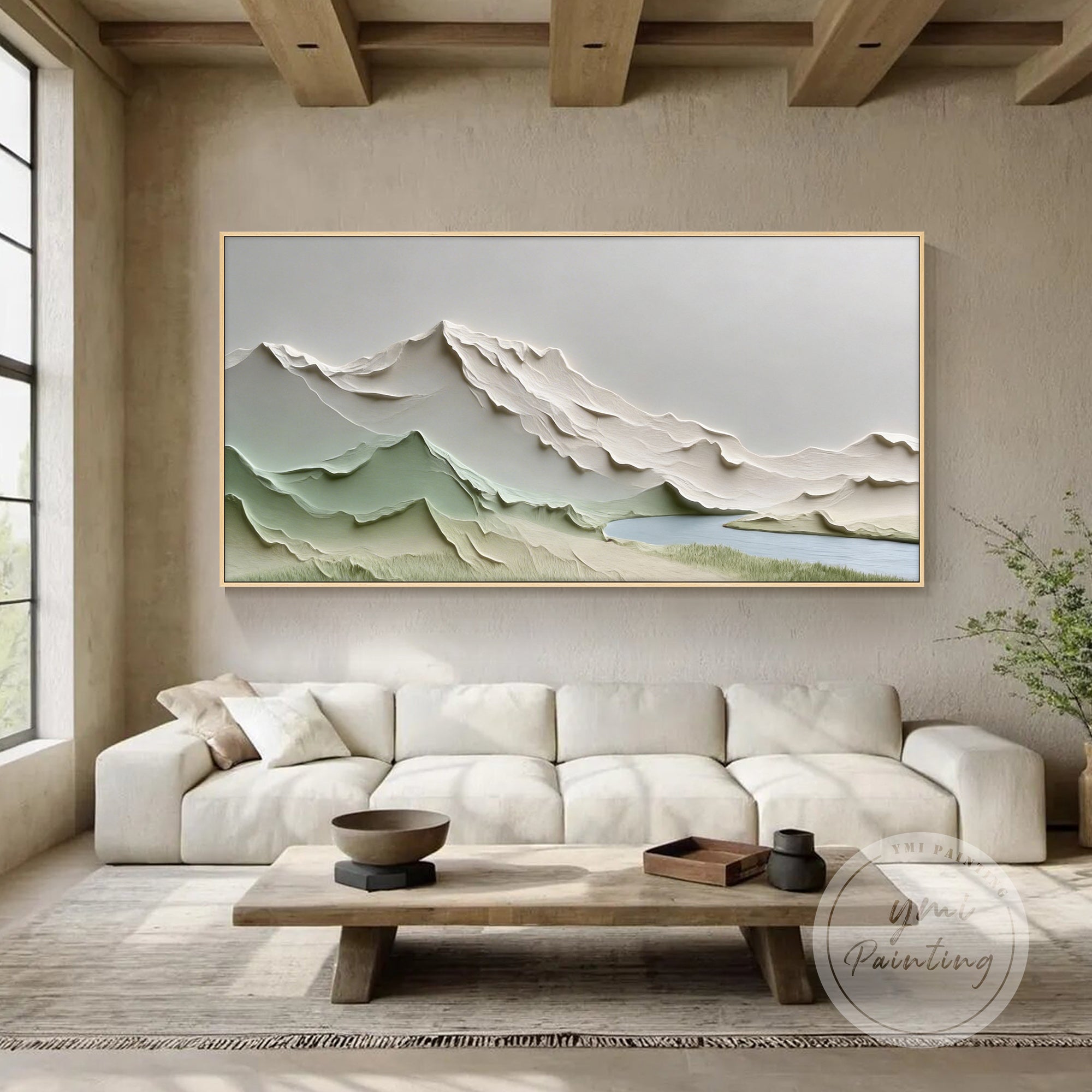 quadro em tela com paisagem texturizada na decoração neutra da sala de estar