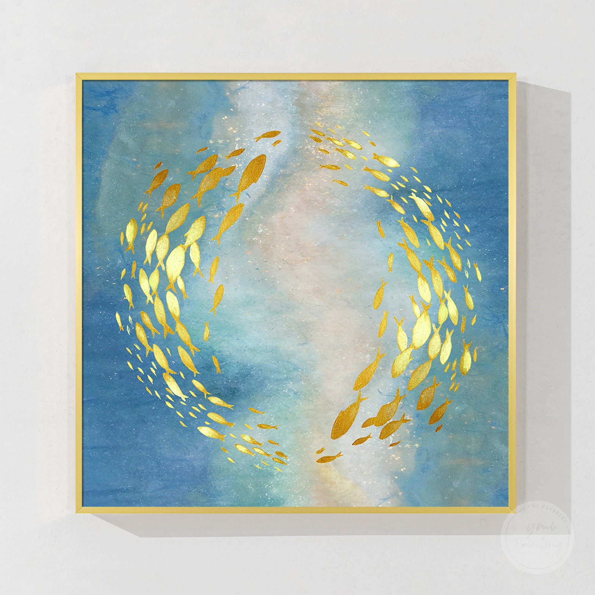 Handmade koi fish painting with gold leaf details and elegant modern Asian inspired wall art design