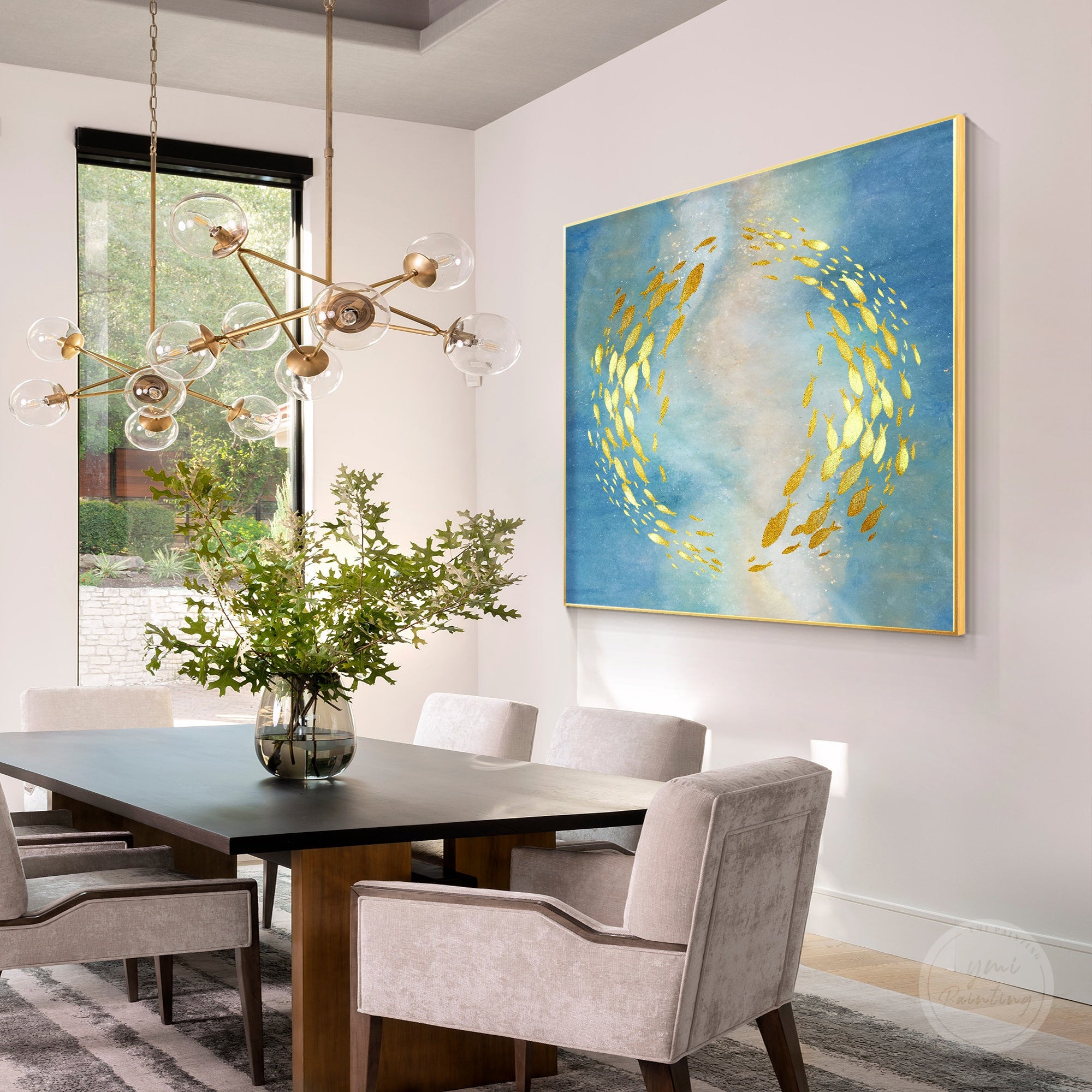 Modern koi fish painting with gold leaf embellishment, creating a symbol of luck and prosperity for home decor