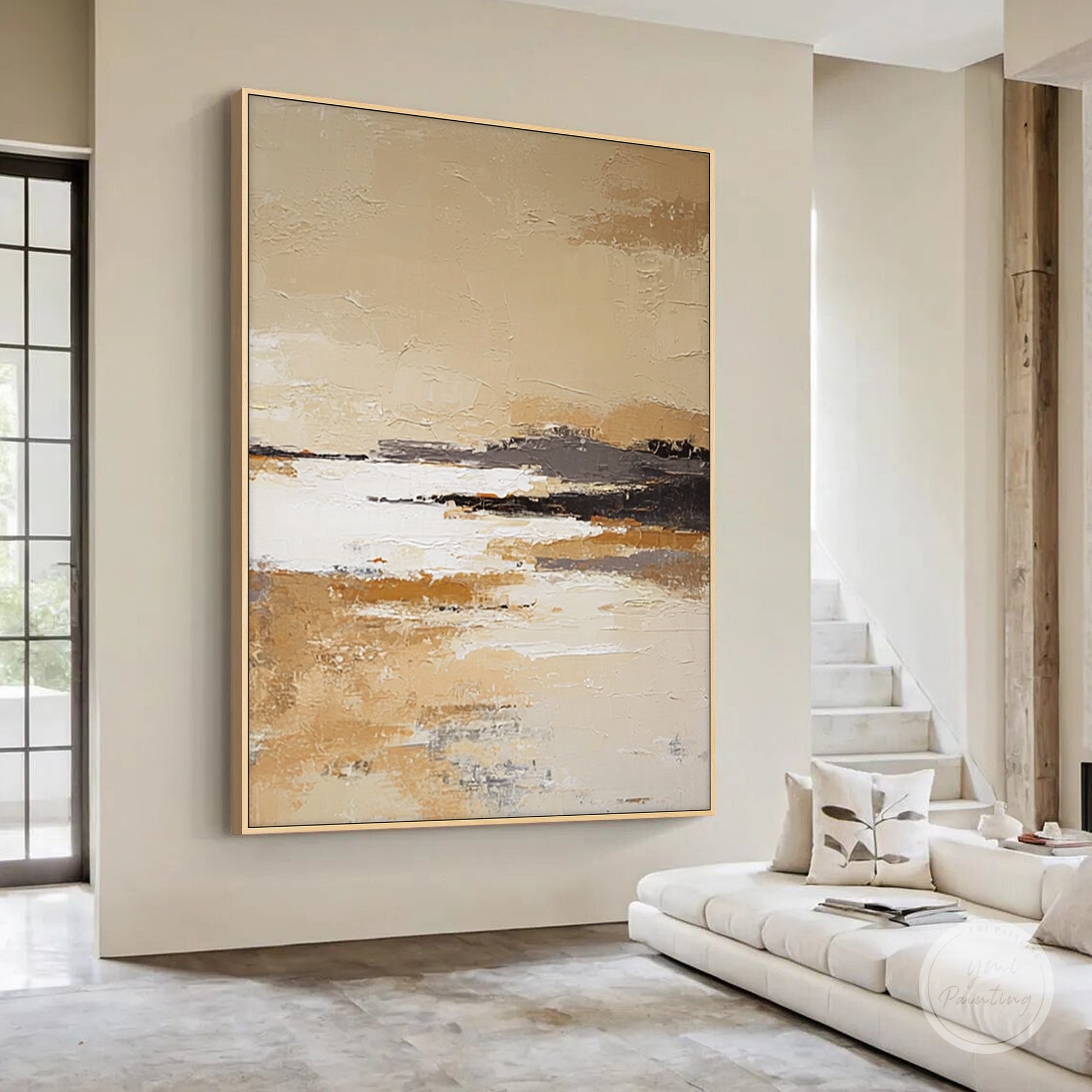 abstract canvas painting with layered plaster-like texture