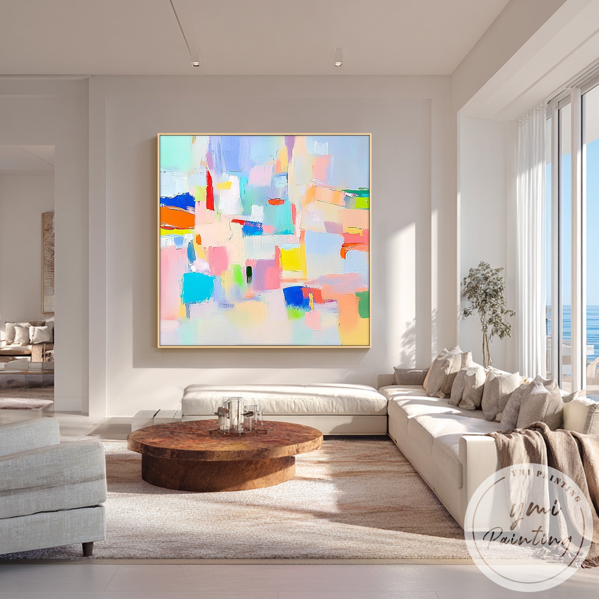 pink blue yellow abstract canvas artwork